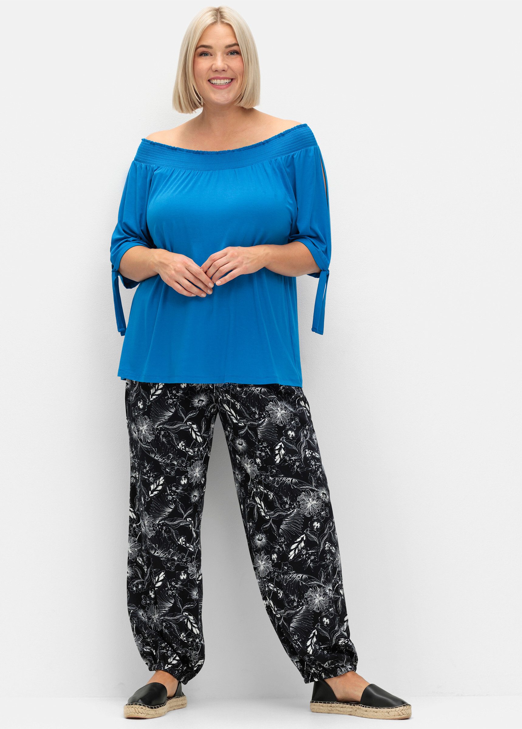 Sheego Jerseyhose Schlupfhose . mit Blätterprint und breitem Smokbund günstig online kaufen