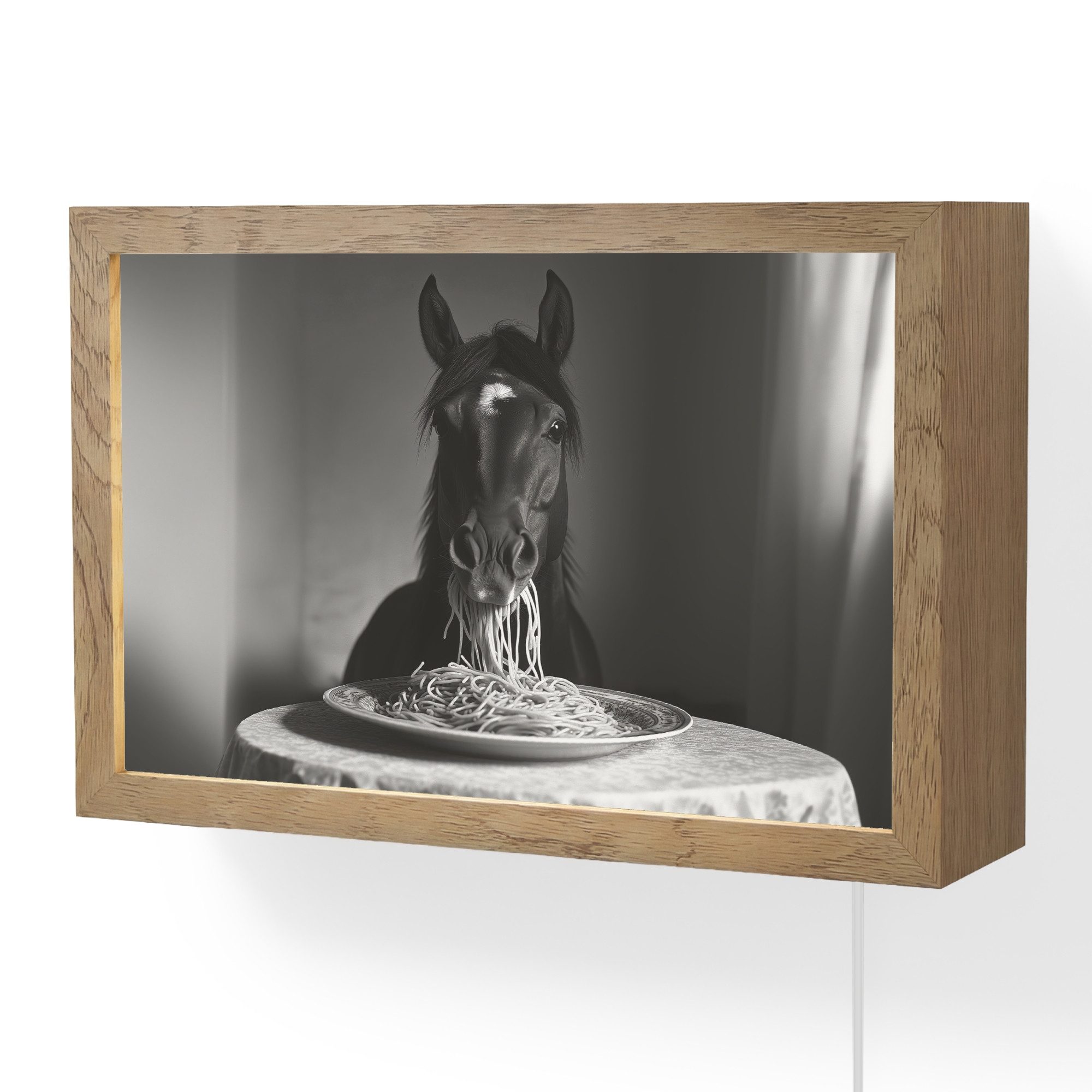 OnlyWow Wandleuchte Lightbox Pferd - Teller - Pasta - Tischtuch - Schwarz und weiß - Tiere, Dimmbar, Farbwechsel, LED, Warmweiß, Kaltweiß, Neutralweiß Einstellbar, Wandlampe Innen, Dimmbar, mit Kabel, LED, Modern, Schlafzimmer
