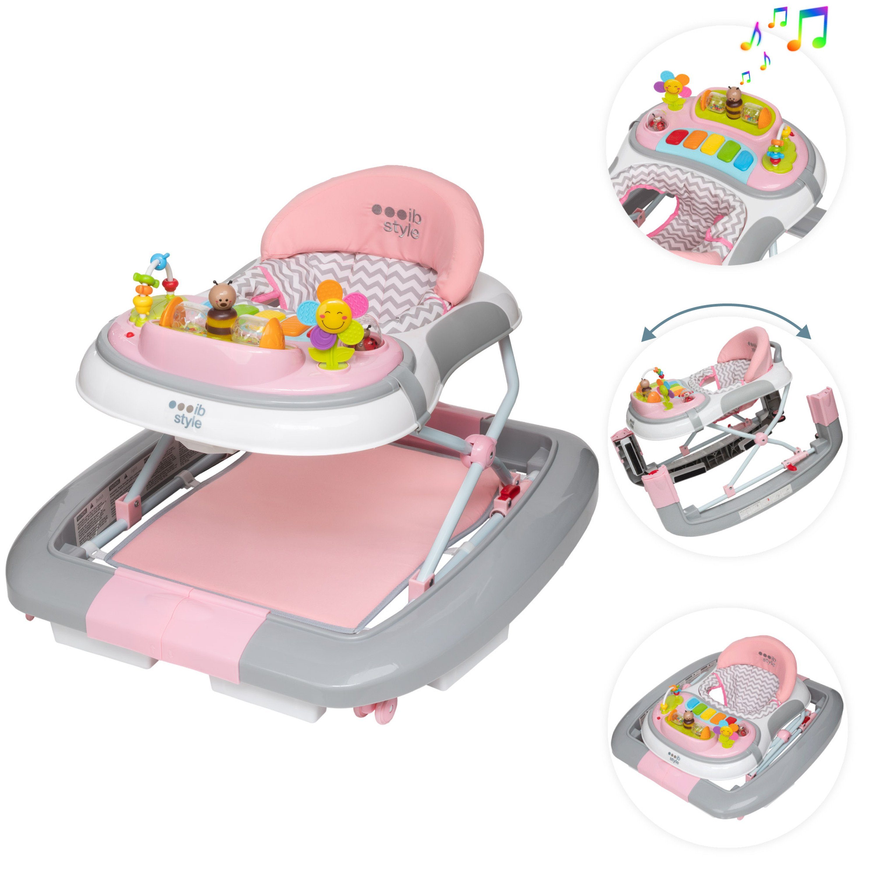 ib style Lauflernhilfe Wave Babywalker Rosa, Lauflernwagen mit Schaukelfunktion & elektronischem Spielelement