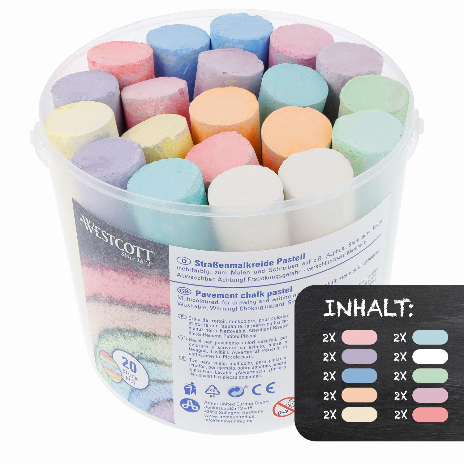 WESTCOTT Malkreide Straßenmalkreide Pastell, 2 x 20 Stück Straßenkreide für Kinder, (Vorteilspack, 2-tlg), leicht abwaschbar