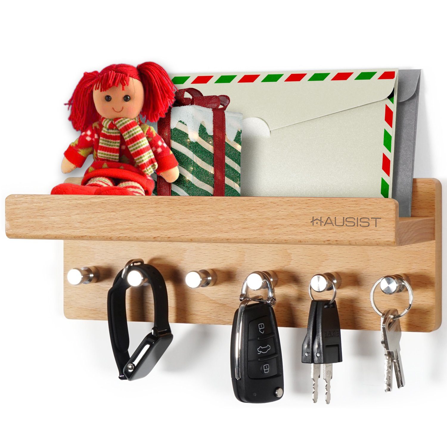 Schlüsselbrett aus Edelstahlhaken, schlüsselkasten HAUSIST Holz 6 Holz mit Schlüsselbrett Edelstahlhaken, mit Ablage Weihnachtsgeschenk mit