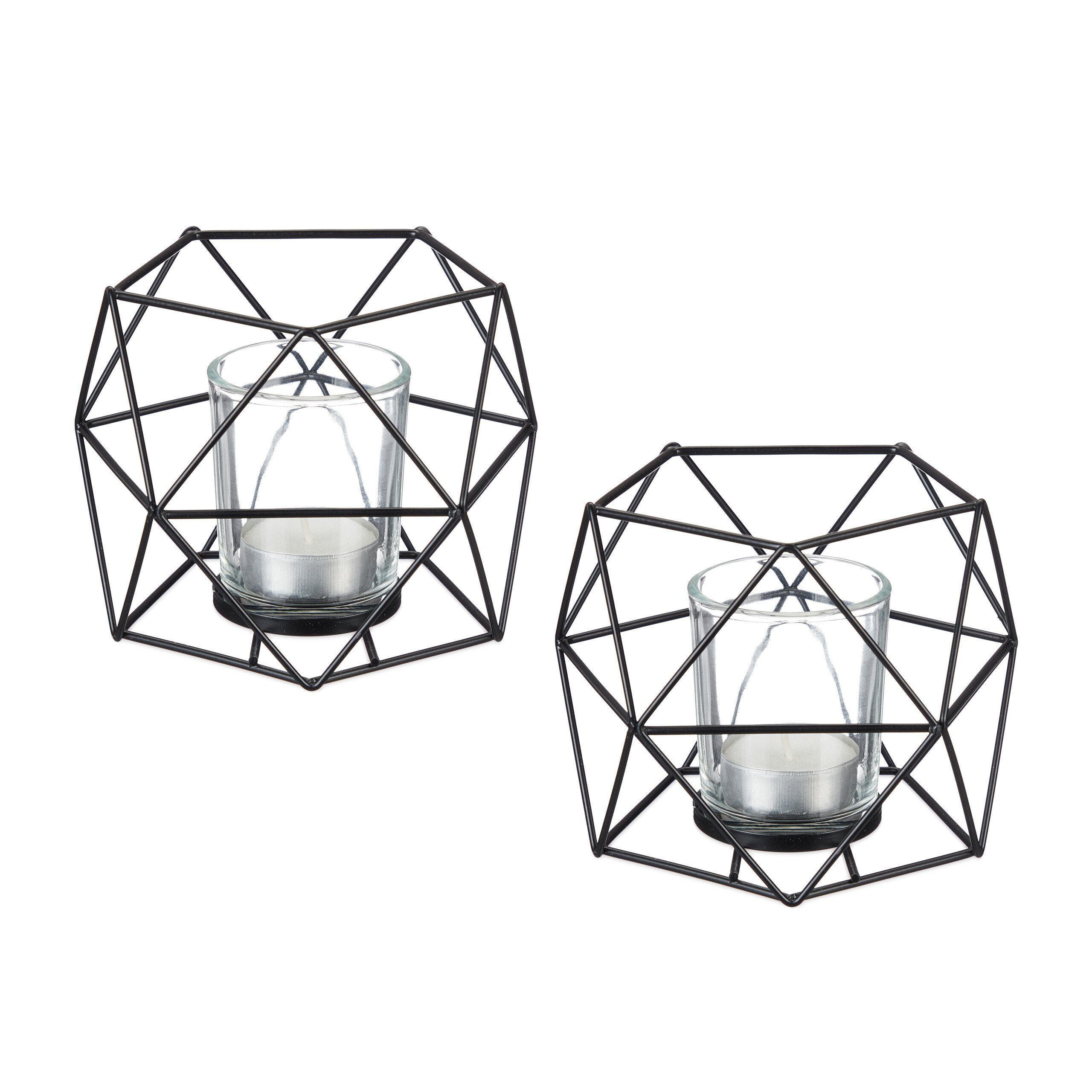 relaxdays Teelichthalter Geometrischer Teelichthalter im 2er Set, schwarz günstig online kaufen