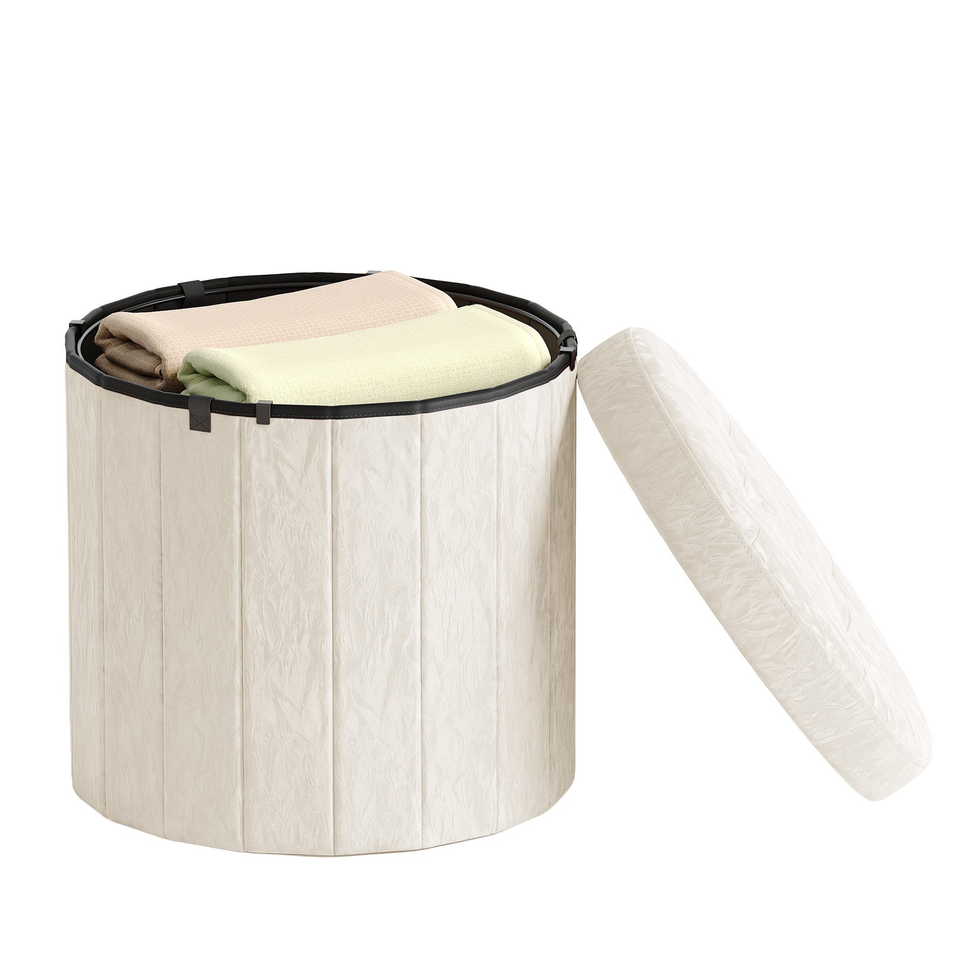 SONGMICS Sitzhocker MAZIE Kollektion, Fußhocker, Wohnheim, Schlafzimmer, Wohnzimmer (mit abnehmbarem Deckel), rund, mit Stauraum, faltbarer Hocker, einfache Montage, Samt
