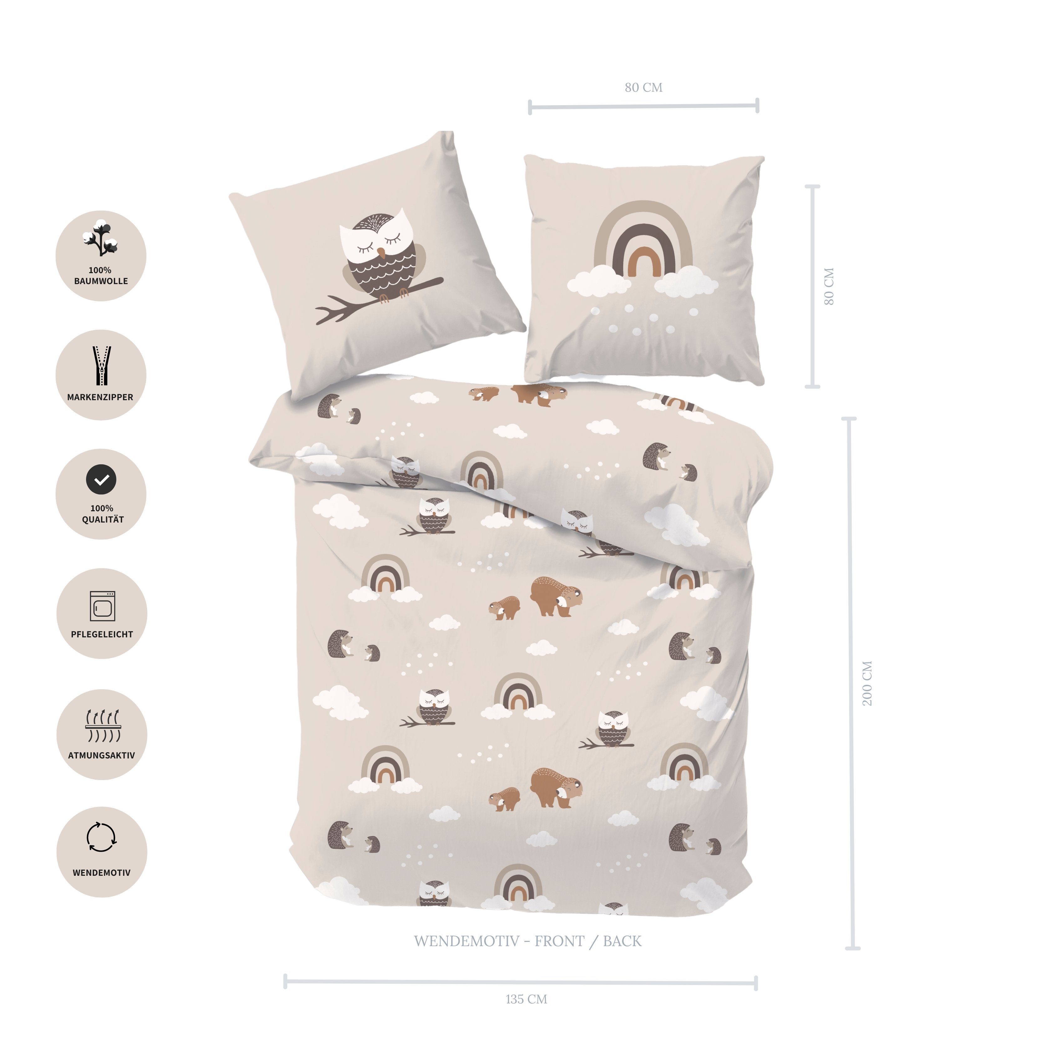 MTOnlinehandel Bettwäsche Eule Waldtiere 135x200 + 80x80 cm, 100 % Baumwoll günstig online kaufen