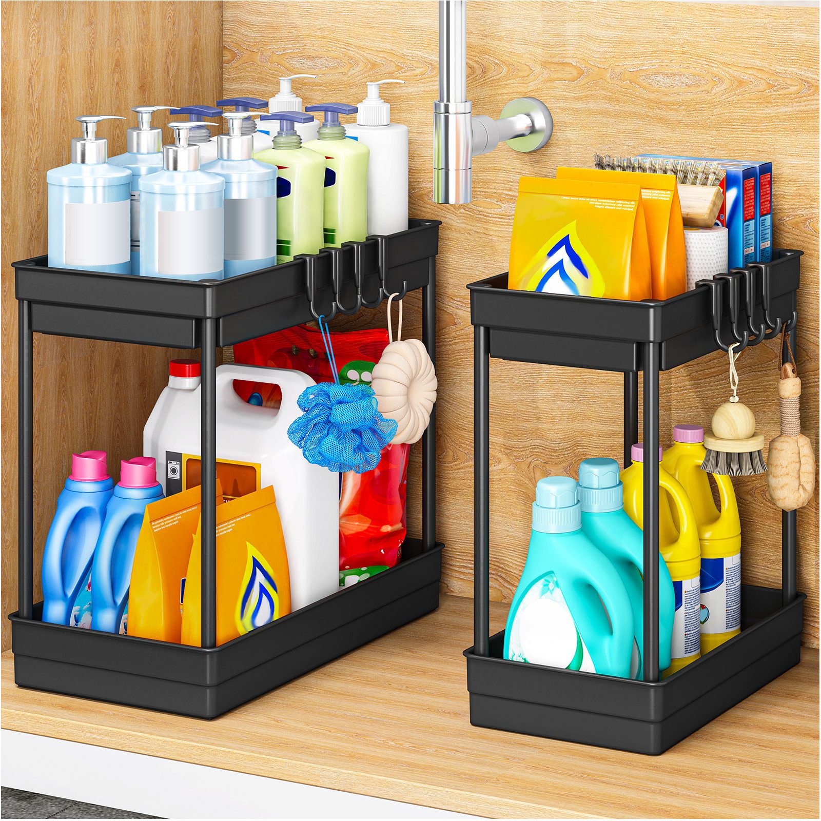 POPOLIC Aufbewahrungsbox Doppelschichtiger Abfluss mit Haken-Aufbewahrungsregal unter der Spüle