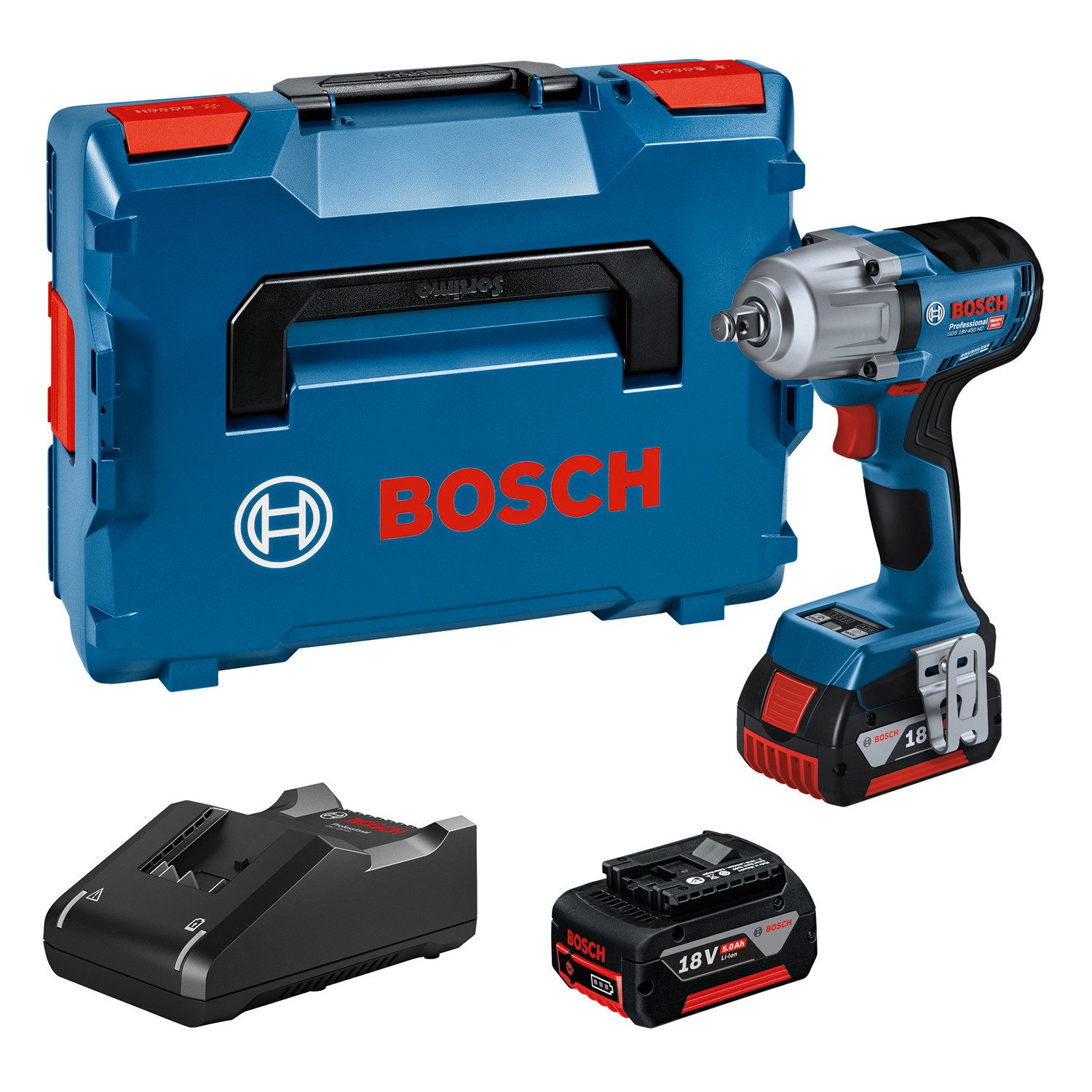Bosch Professional Akku-Drehschlagschrauber GDS 18V-450 HC, Inkl. 2x Akkus 5 Ah und Schnellladegerät GAL 18V-40, mit L-BOXX
