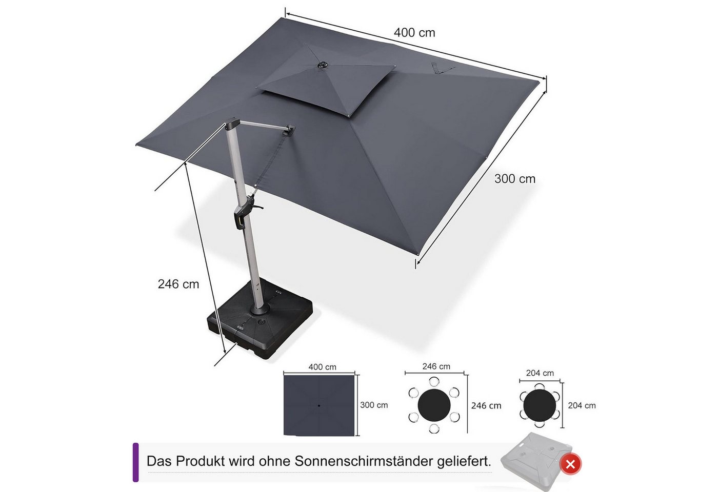 Thumbnail - PURPLE LEAF Ampelschirm Rechteckiger Außenbereich Doppeldach Sonnenschirm, Terrassenschirm, LxB: 400,00x300,00 cm, für G...