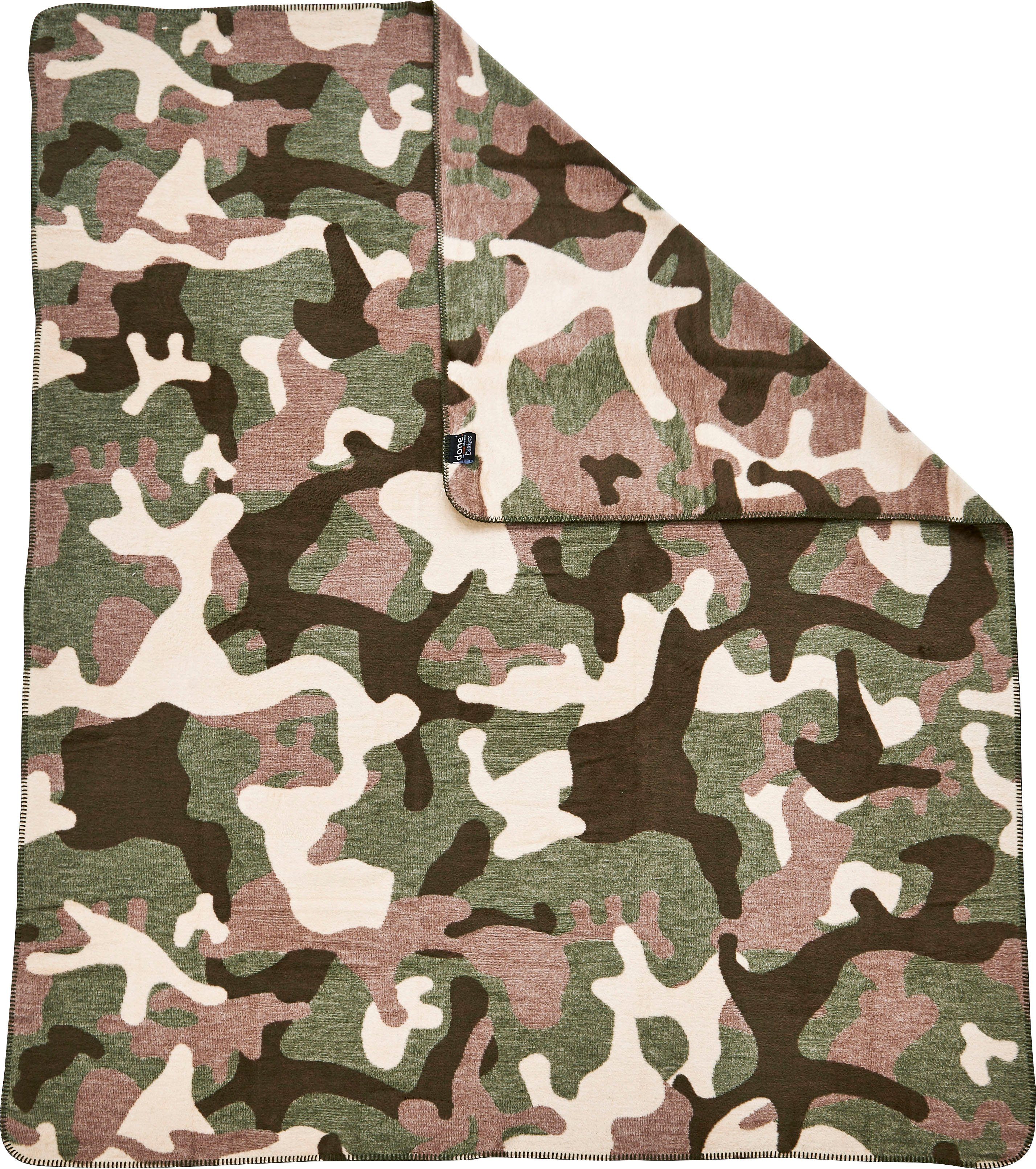 Wohndecke Camouflage, done.®, Wohndecke mit Ziernaht, Kuscheldecke braun/grün/beige einfassender