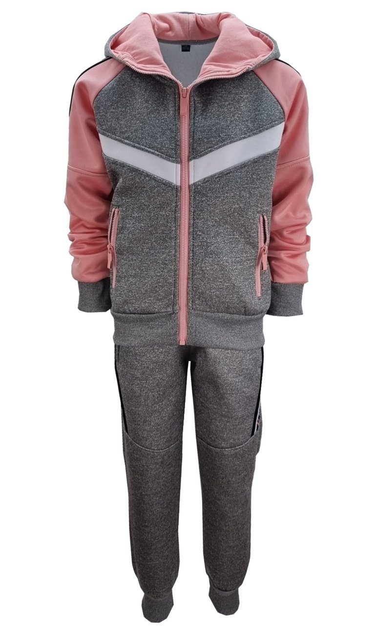 Girls Jacke Sweatanzug Sweatanzug, Jogginghose, Freizeitset, MF269 + Grau/Rosa Fashion Kapuzen gefüttert,