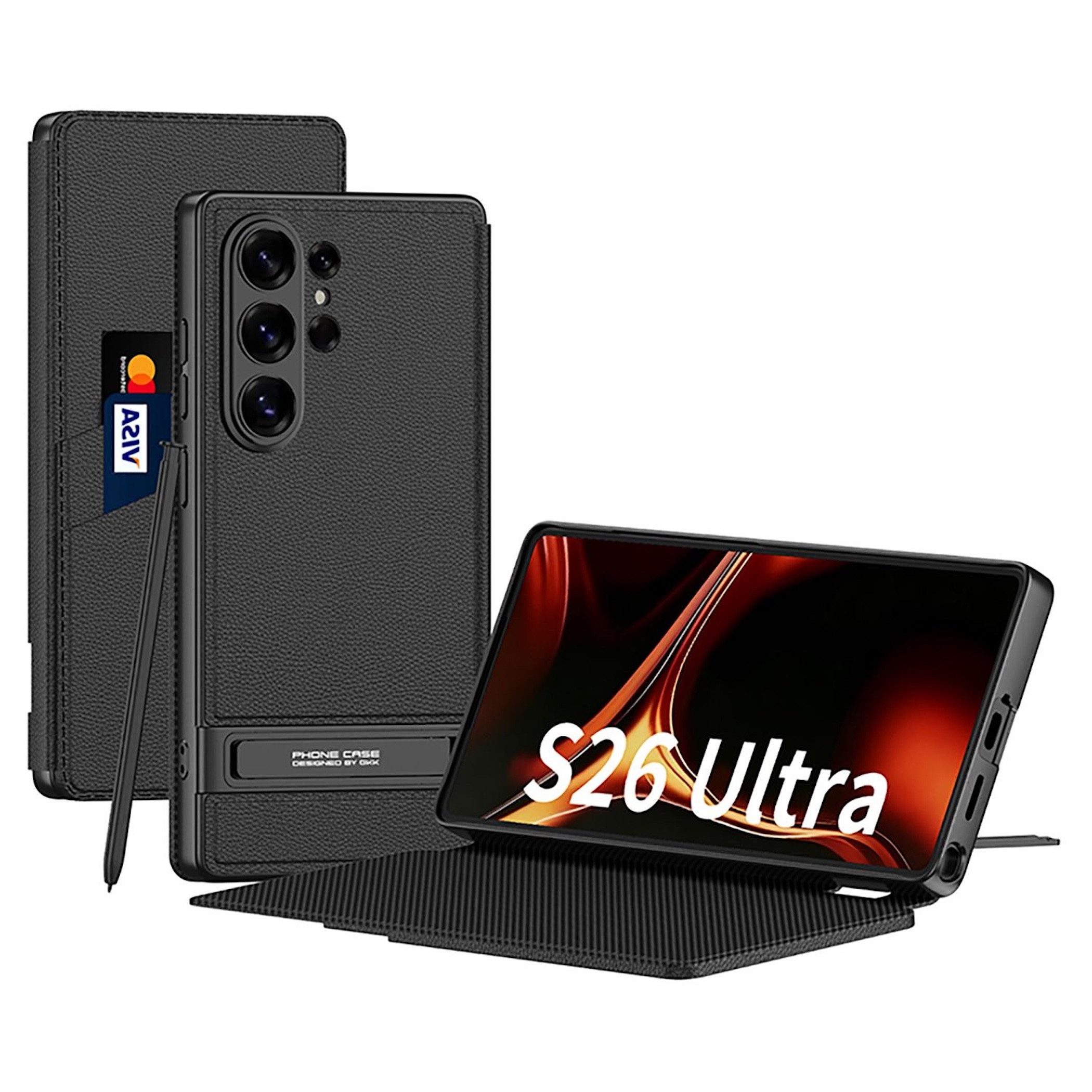 Wigento Handyhülle Für Samsung Galaxy S26 Ultra 5G Leder Tasche Book Hülle Schwarz 6.9, Kartenfächer, Standfunktion