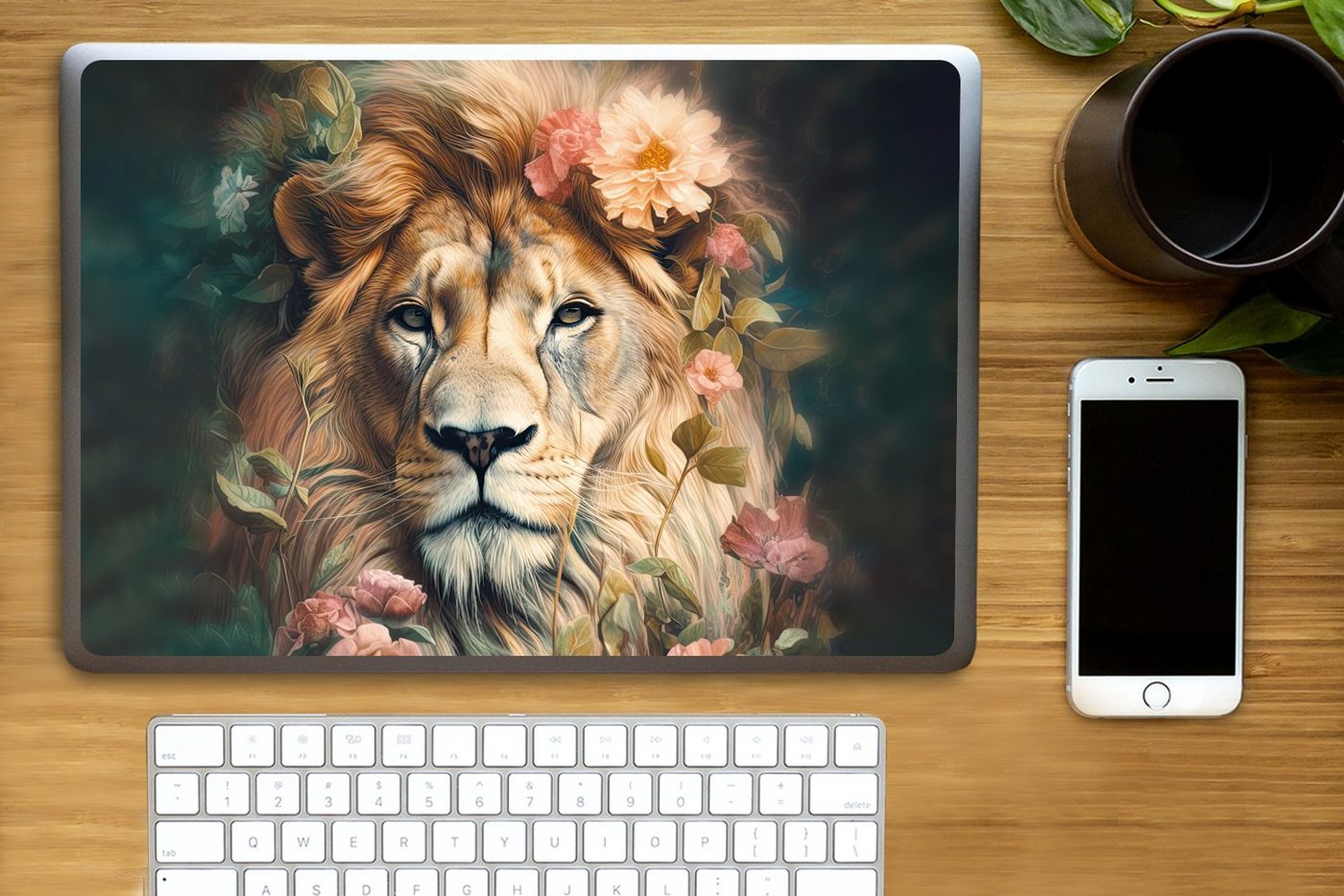 Thumbnail - MuchoWow Laptop-Aufkleber Löwe - Löwenkopf - Wilde Tiere - Blumen