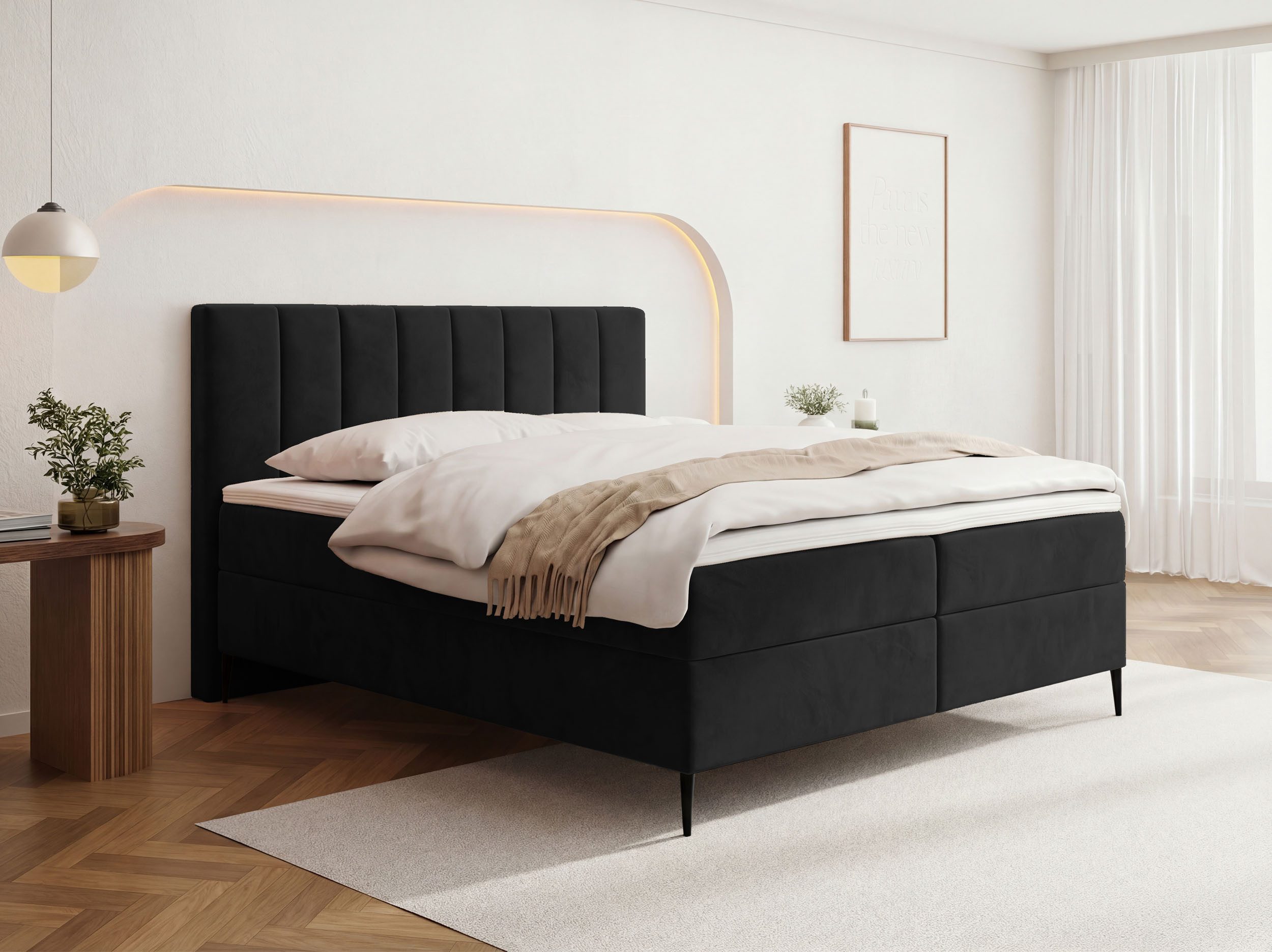 WFL GROUP Boxspringbett Allen mit Bettkasten, Boucle oder Samt, hohes Kopfteil & hohe Füße (erhältlich in 5 Größen: 120x200, 140x200, 160x200, 180x200, 200x200 cm), Doppelbett mit H4 Pocket Matratze, Foam Topper & Stauraum, Made in EU