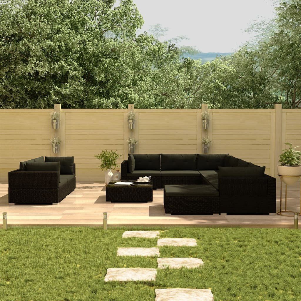 vidaXL Gartenlounge-Set 10-tlg. Garten-Lounge-Set mit Auflagen Poly Rattan Schwarz, (10-tlg)