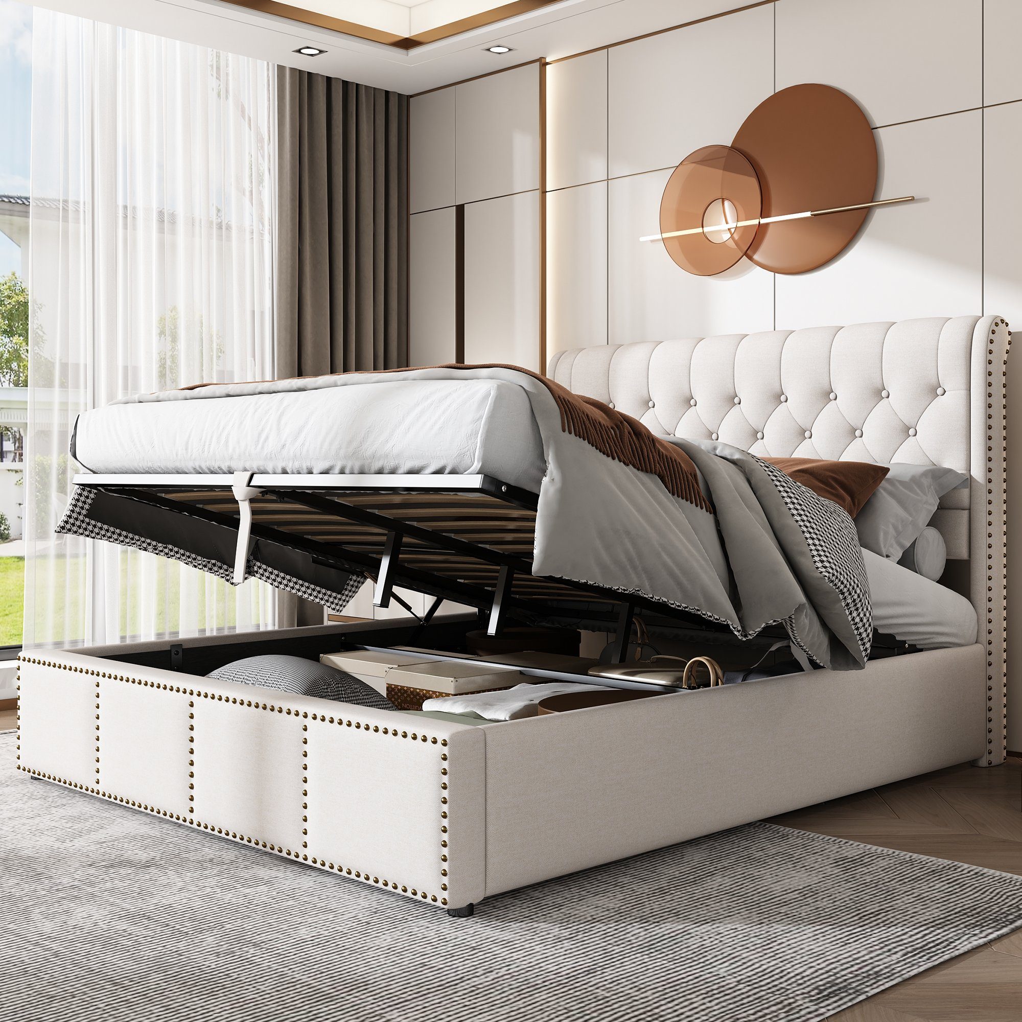 Boxspringbett (Doppelbett Polsterbett), Hydraulisches Funktionsbett 140x200cm mit Bettkasten