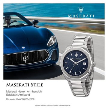 MASERATI Quarzuhr Maserati Herren Uhr Analog STILE, (Analoguhr), Herrenuhr rund, groß (ca. 42mm) Edelstahlarmband, Made-In Italy