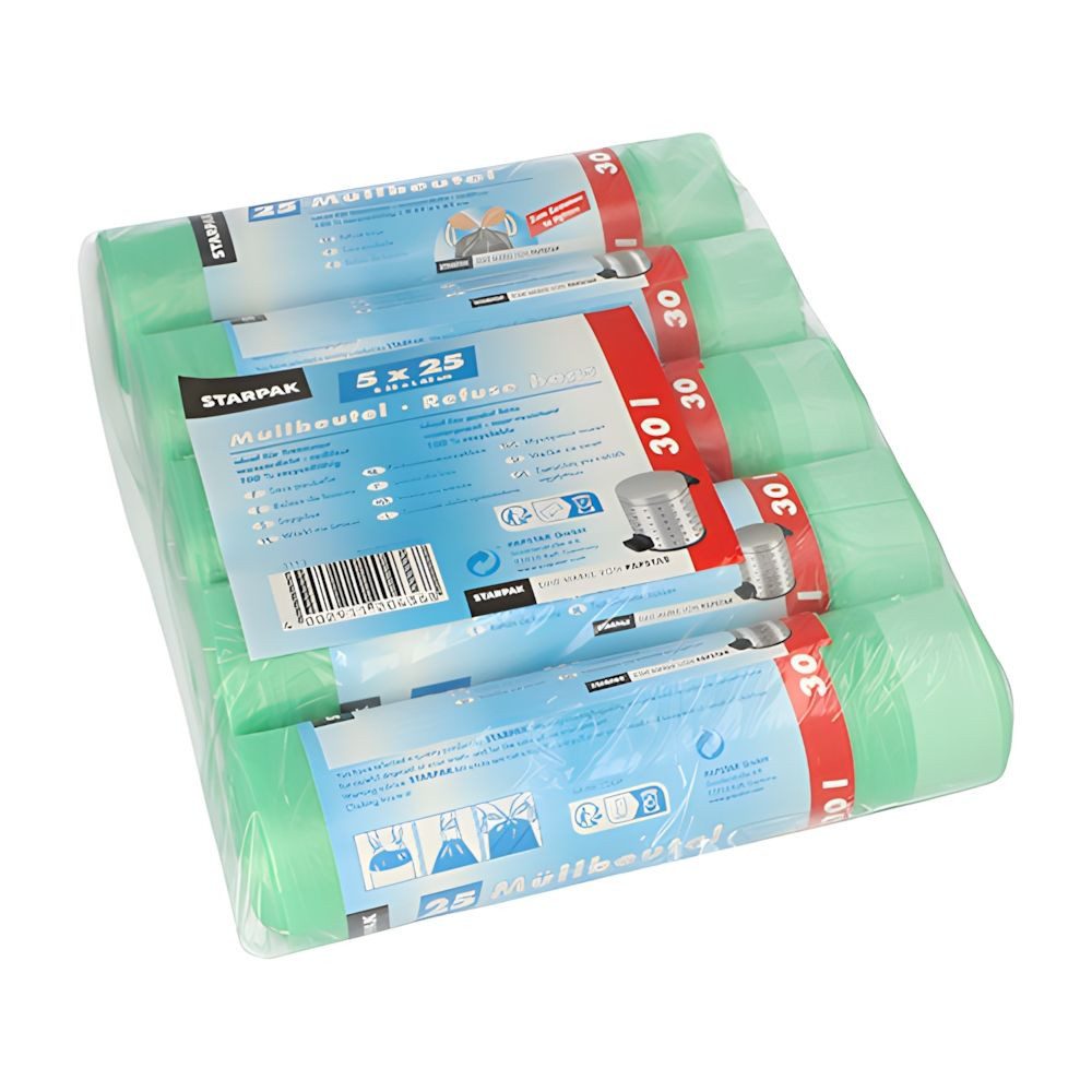 PAPSTAR Müllbeutel Müllbeutel mit Zugband, HDPE 30 l 62 cm x 55 cm grün 16 my 125 Stk