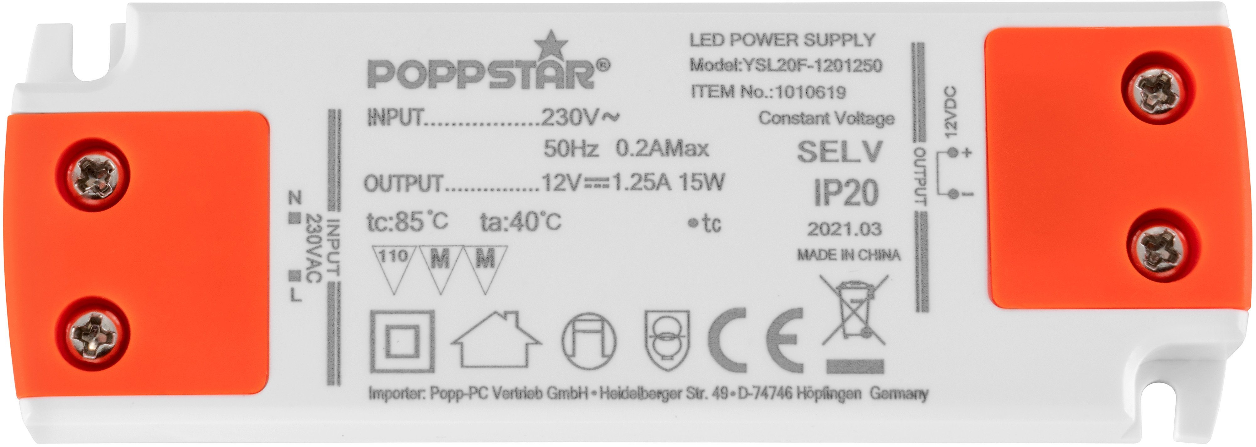 Poppstar Ultra flacher LED-Transformator 230V (für 12V 12 / 15 0,15 1,25A LEDs) LED Watt bis V Trafo DC (Slim Trafo AC LED