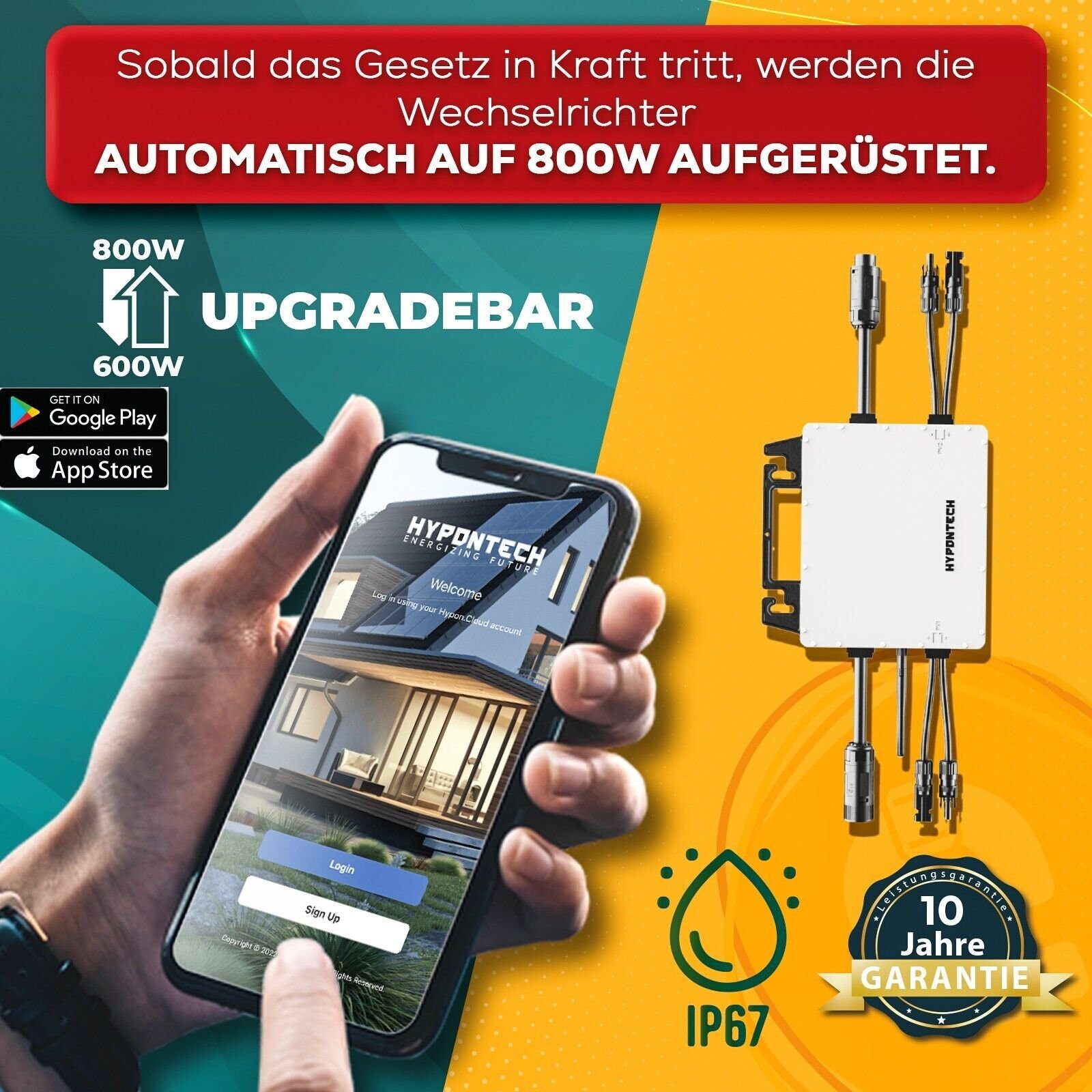 WIFI Stecker enprovesolar Wechselrichter, und 800W inkl. 5M Upgradefähiger Balkongeländer Solarmodule, 410W 820W Hypontech Schuko Eckige Solaranlage PV-Montage Komplettset Balkonkraftwerk Bifazial