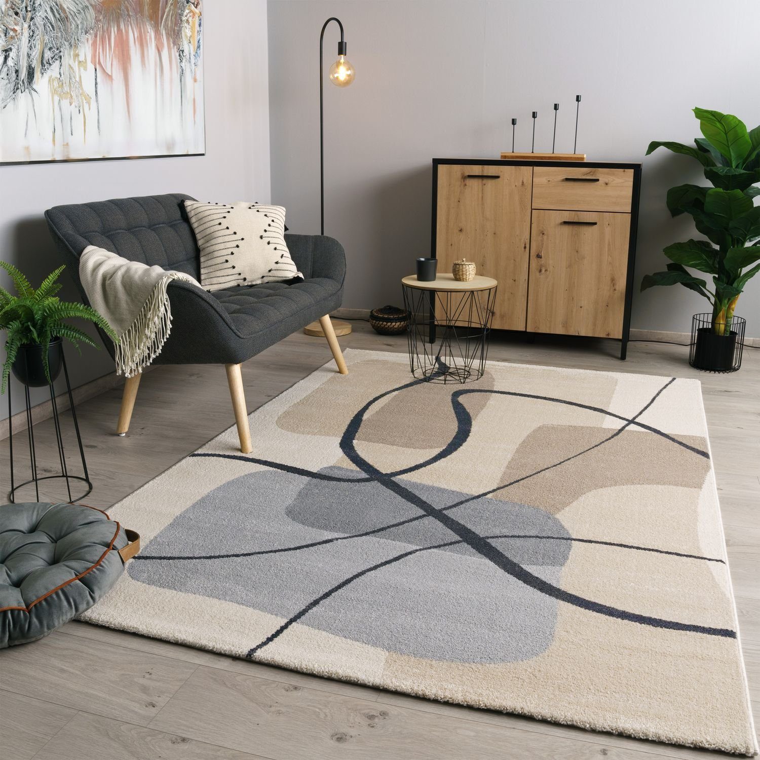 Teppich Wohnzimmer Esszimmer Abstraktes Muster Geometrisch, TT Home, rechteckig, Höhe: 16 mm Grau Creme | Kurzflor-Teppiche