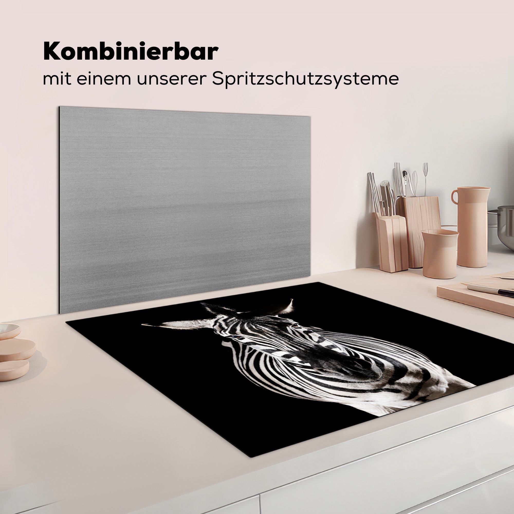 auf Arbeitsplatte küche schwarzem Vinyl, Hintergrund, tlg), für Zebra cm, (1 Ceranfeldabdeckung, Herdblende-/Abdeckplatte MuchoWow 78x78