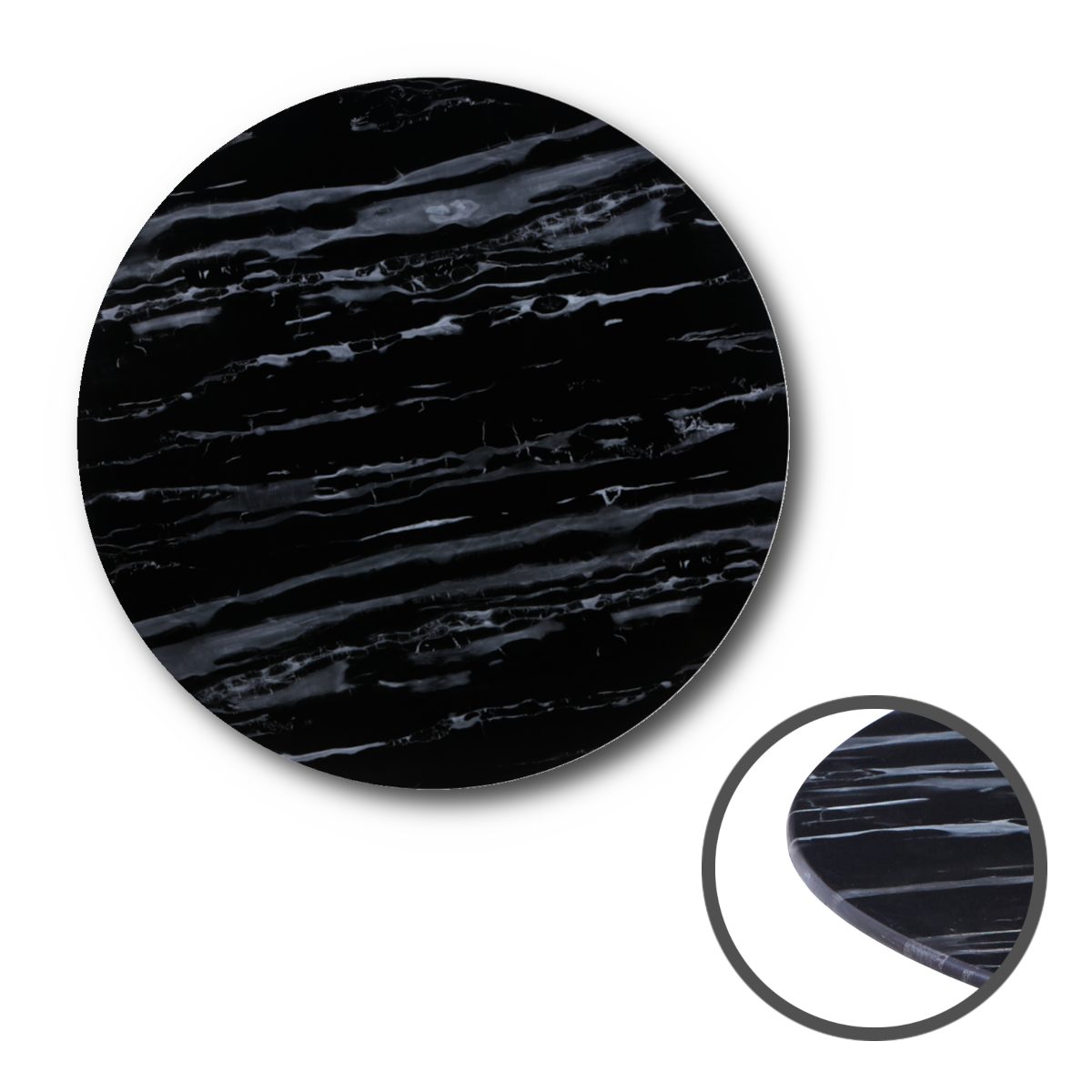 - Facettenschliff Tischplatte mit Ø70x0,6 HOOZ Marmoroptik Glasplatte rund schwarz, cm