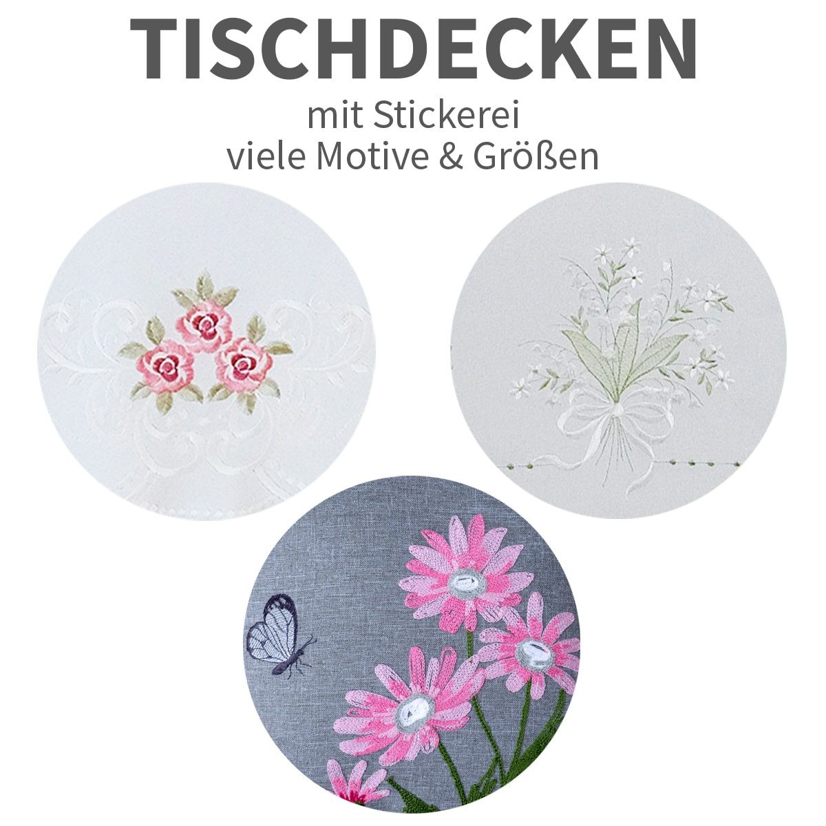 matches21 HOME & HOBBY Tischdecke Tischdecke MARGIT Stickerei Rosenmotiv weiß Polyester 85 x 85 cm (1-tlg), Pflegeleicht & waschbar bei 30 °C