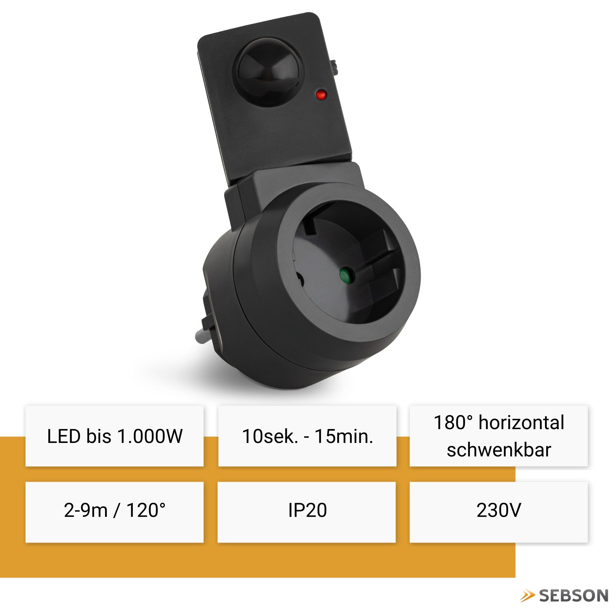 SEBSON Bewegungsmelder Zwischenstecker Bewegungsmelder - Schuko Stecker 230V programmierbar, (1-St), Schwenkbar, max. 1000W LED geeignet, Steckdosen-Adapter