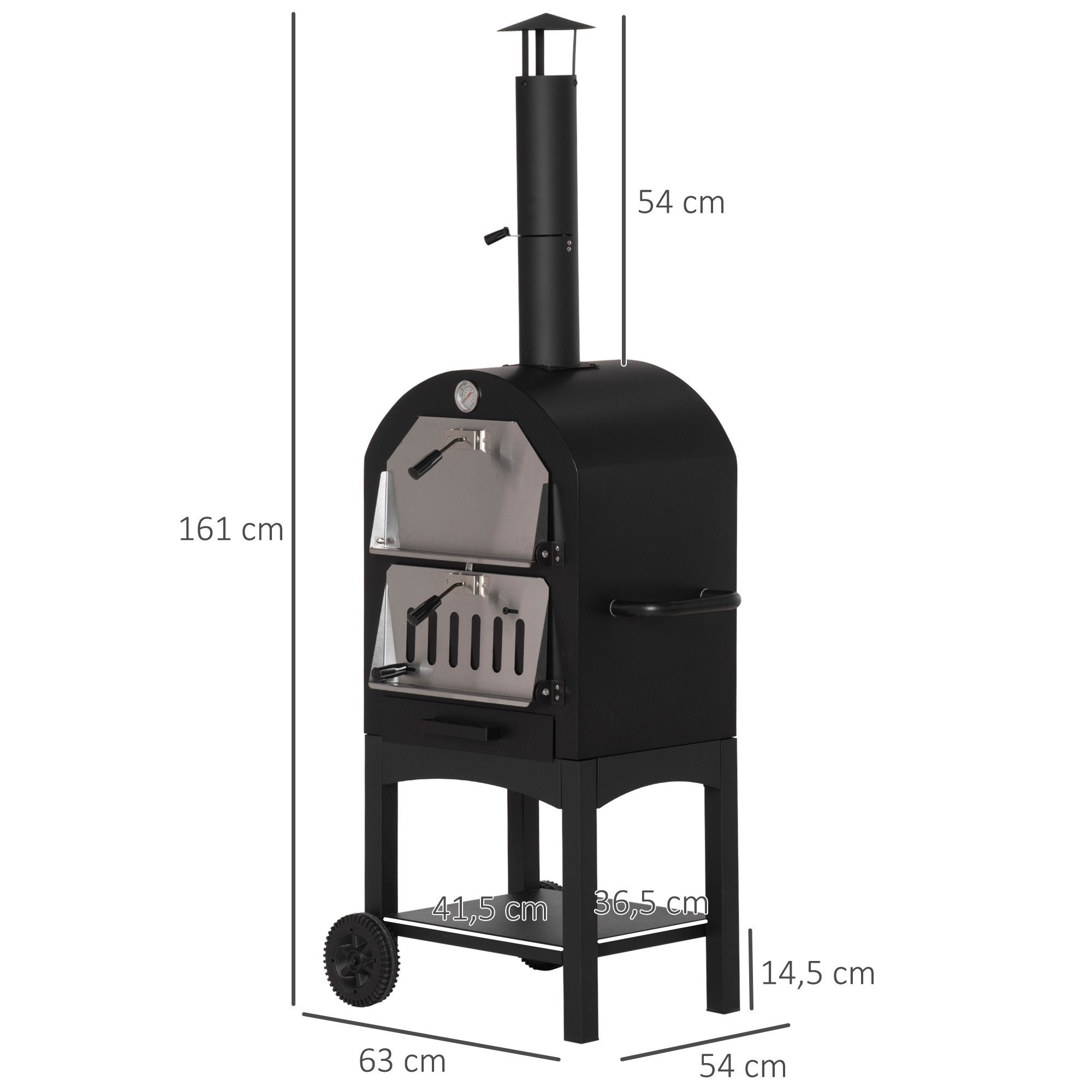Outsunny Pizzaofen Grillofen mit Schutzhülle Pizzaschaufel 2 Grillnetzen Grillwagen, 63 x 54 x 161 cm, Stahl