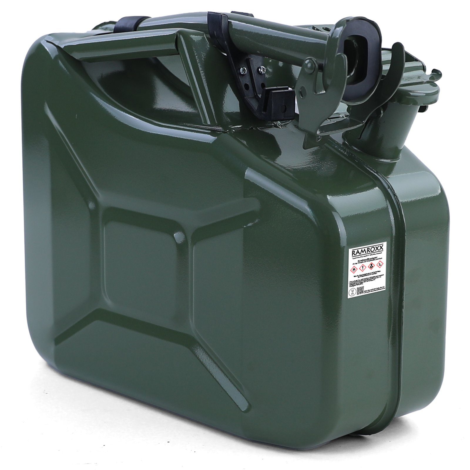 RAMROXX Benzinkanister 10L Metallkanister Kraftstoff Benzin Diesel mit Einfüllstutzen Grün