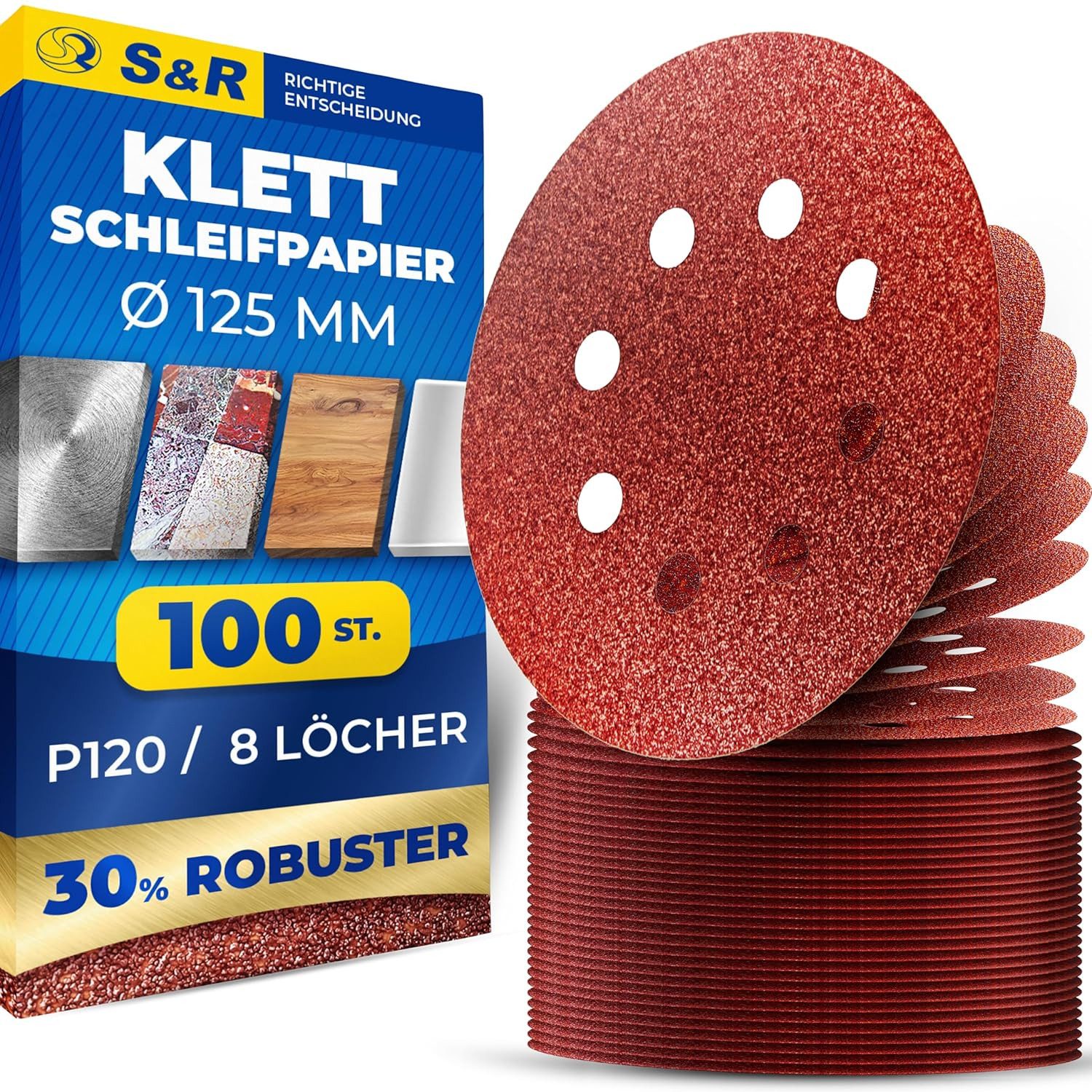 S&R Schleifpapier Klett Schleifpapier 125 mm, Meister, 8 Löcher, für Exzenterschleifer, (Set, 100 St., mit einer P120 Körnung), Klettschleifpapier, zuverlässige Haftung am Schleifteller