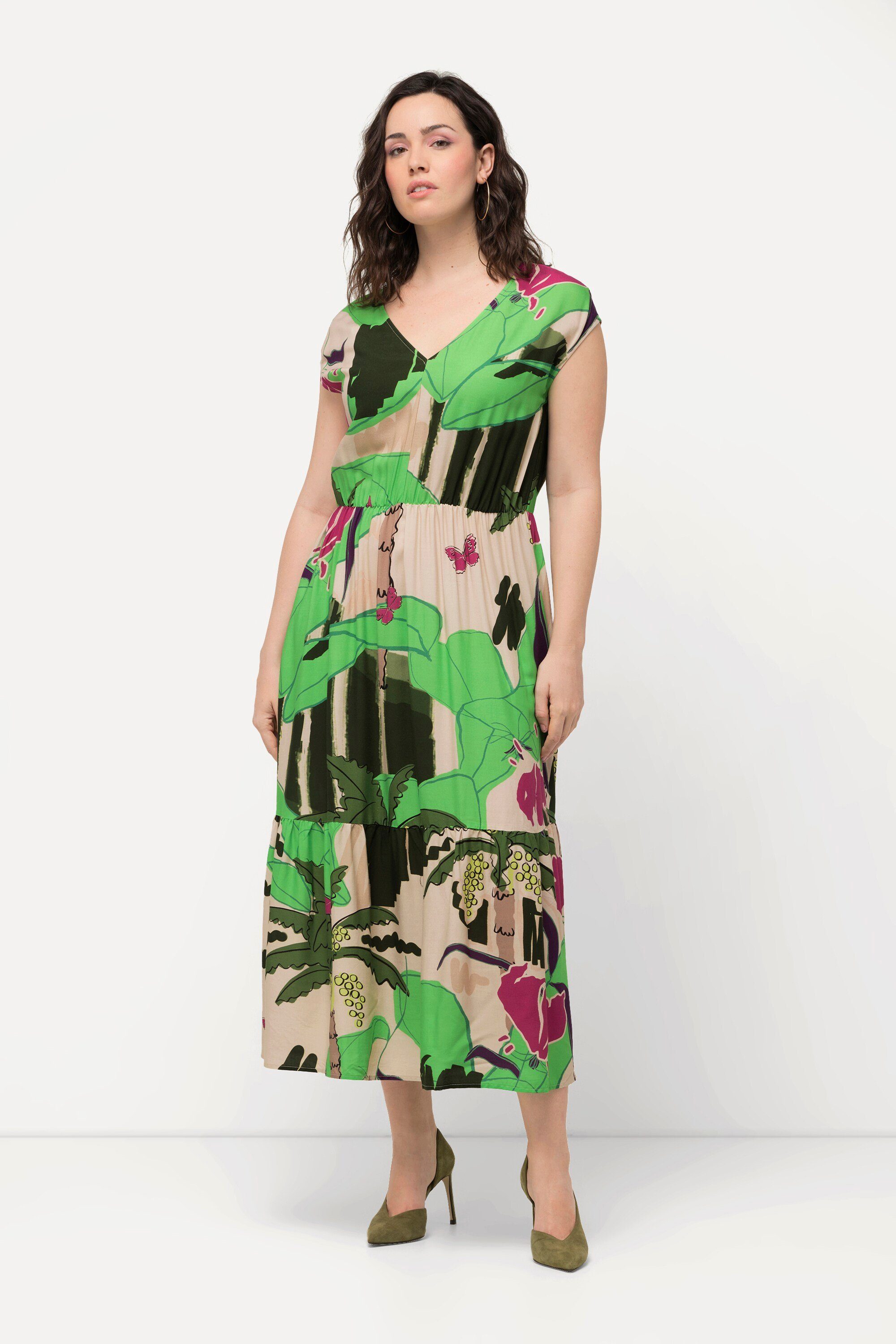 Ulla Popken Maxikleid Maxikleid Palmen V-Ausschnitt günstig online kaufen
