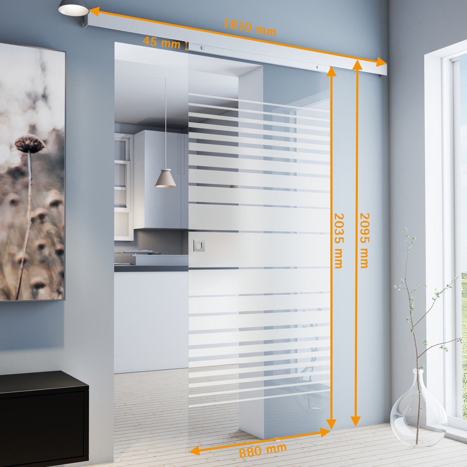 inova wohnen Glasschiebetür Streifen Dekor 88 x 203,5 cm, Komplett Set mit Schienensystem