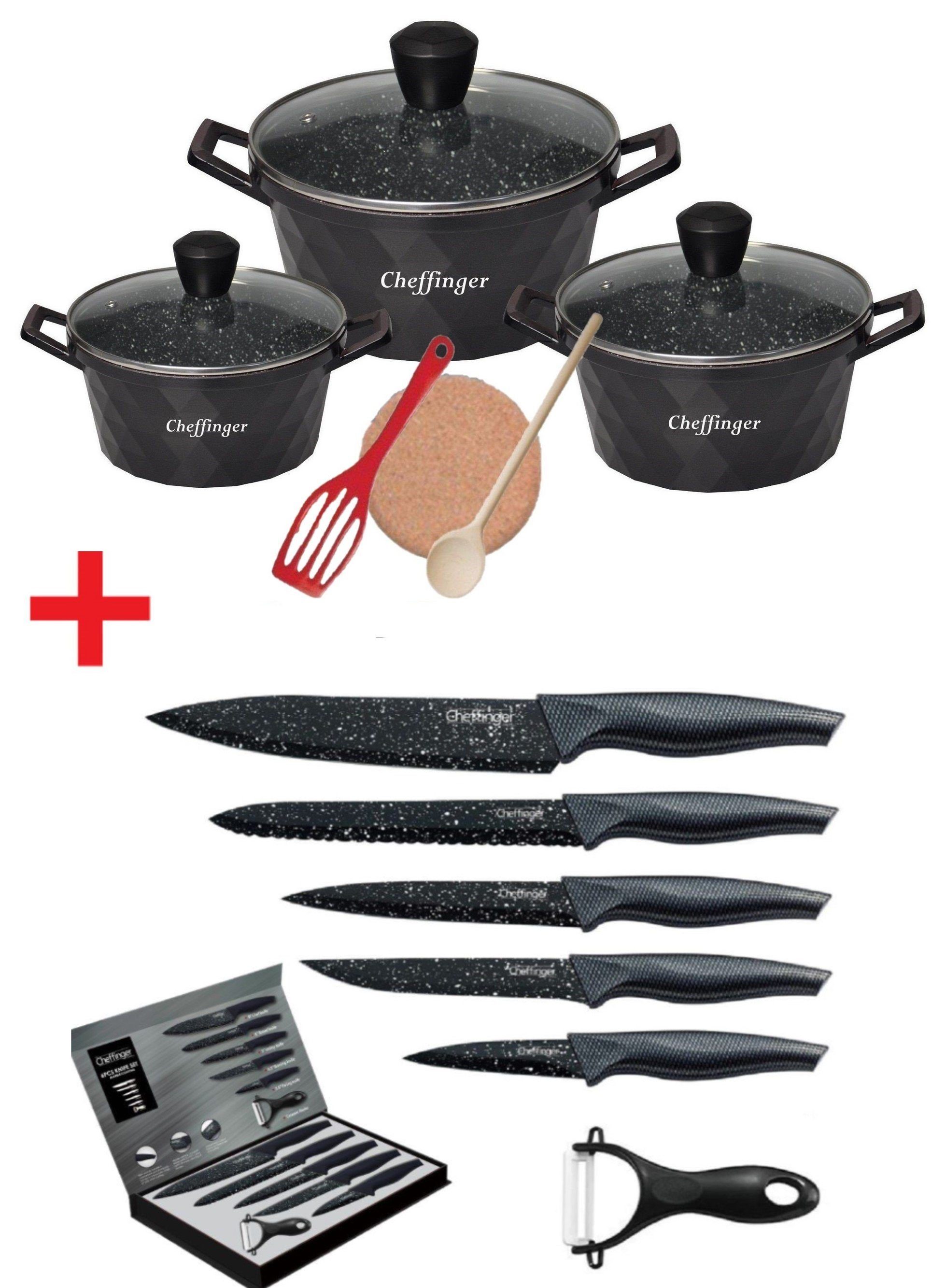 KESSMANN Topf-Set Induktion Bratentöpfe 20 24 28cm mit Deckel 9tlg + Messerset 6tlg, Aluminium (Set, 15-tlg., Inkl. 1 Pfannenwender + 1 Untersetzer + 1 Holzlöffel Topfset Messer), alle Herdarten Fleischtopf Antihaft Brattopf Küchenmesser Box Knife