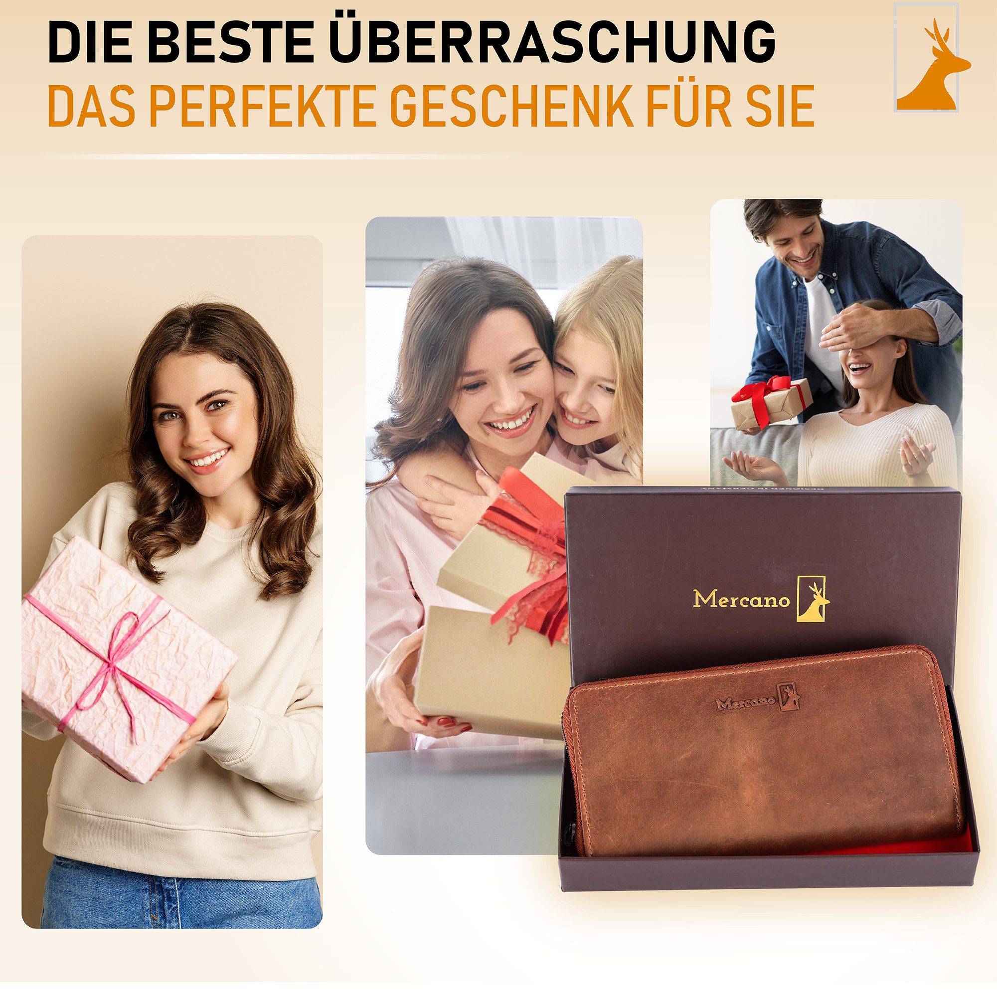 Mercano Geldbörse Damen mit Rundumreißverschluss (inkl. Geschenkbox), 13 Kartenfächer, RFID-Schutz, Vintage-Leder, Großformat (18 × 11 cm) – Bild 5 von 5