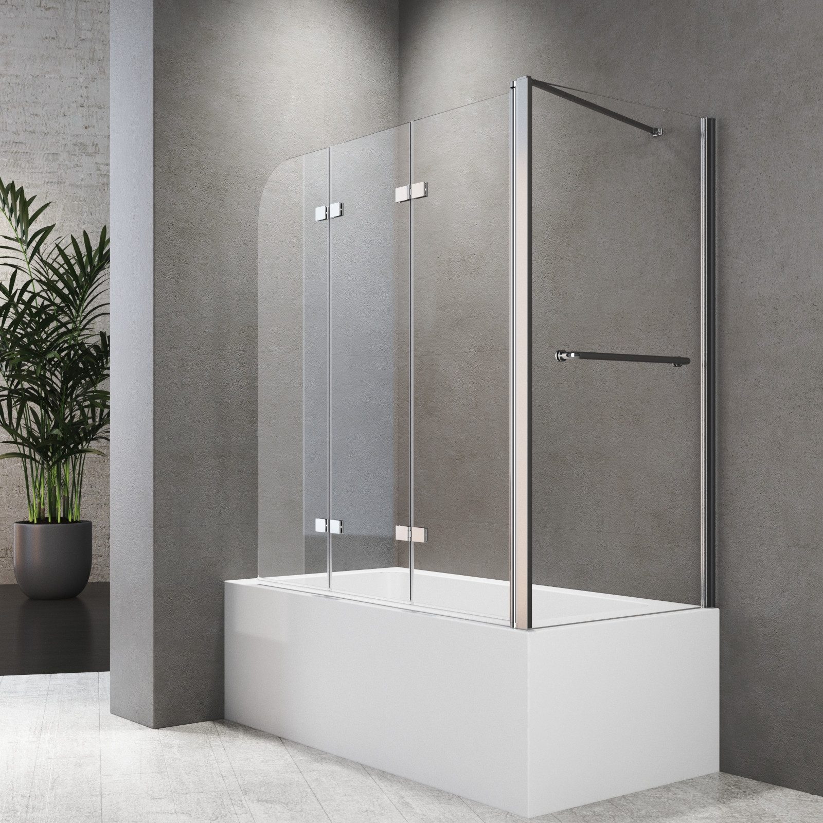 Boromal Badewannenfaltwand 3 teilig Klarglas Badewannenaufsatz mit Seitenwand Handtuchhalter, 6mm beideseitig Nano Glas, 180° faltbar, Hebe-/Senkmechanik