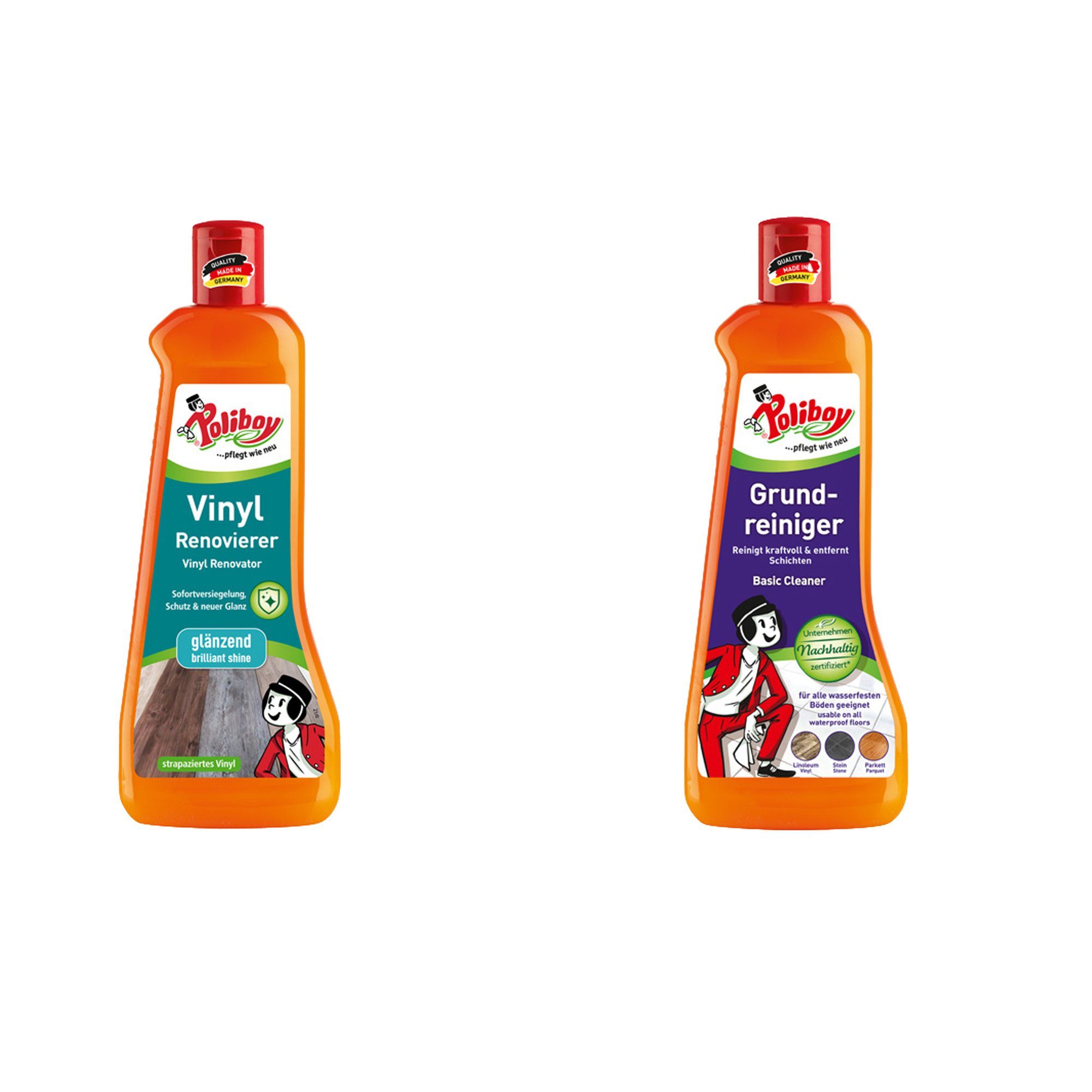 poliboy Reinigungsset für Böden - Grundreiniger & Vinyl Renovierer - 2x500ml Fussbodenreiniger (schnelle Reinigung und Pflege von Holzböden - Made in Germany)