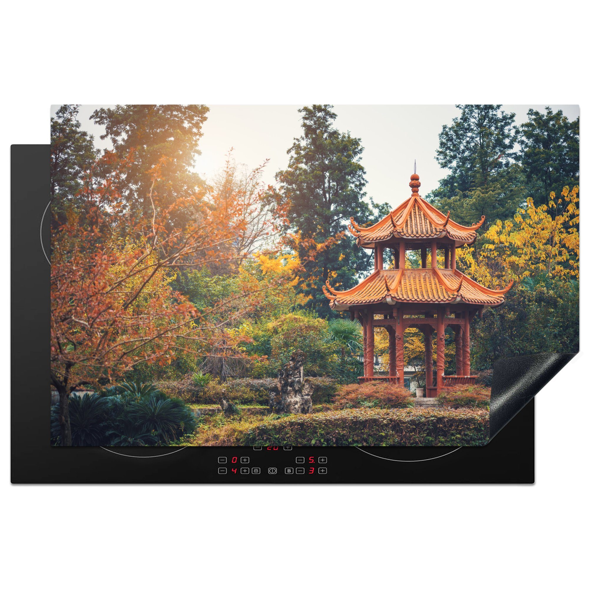 MuchoWow Herdblende-/Abdeckplatte Chinesischer Pavillon im Wald von Chengdu, China, Vinyl, (1 tlg), 81x52 cm, Induktionskochfeld Schutz für die küche, Ceranfeldabdeckung