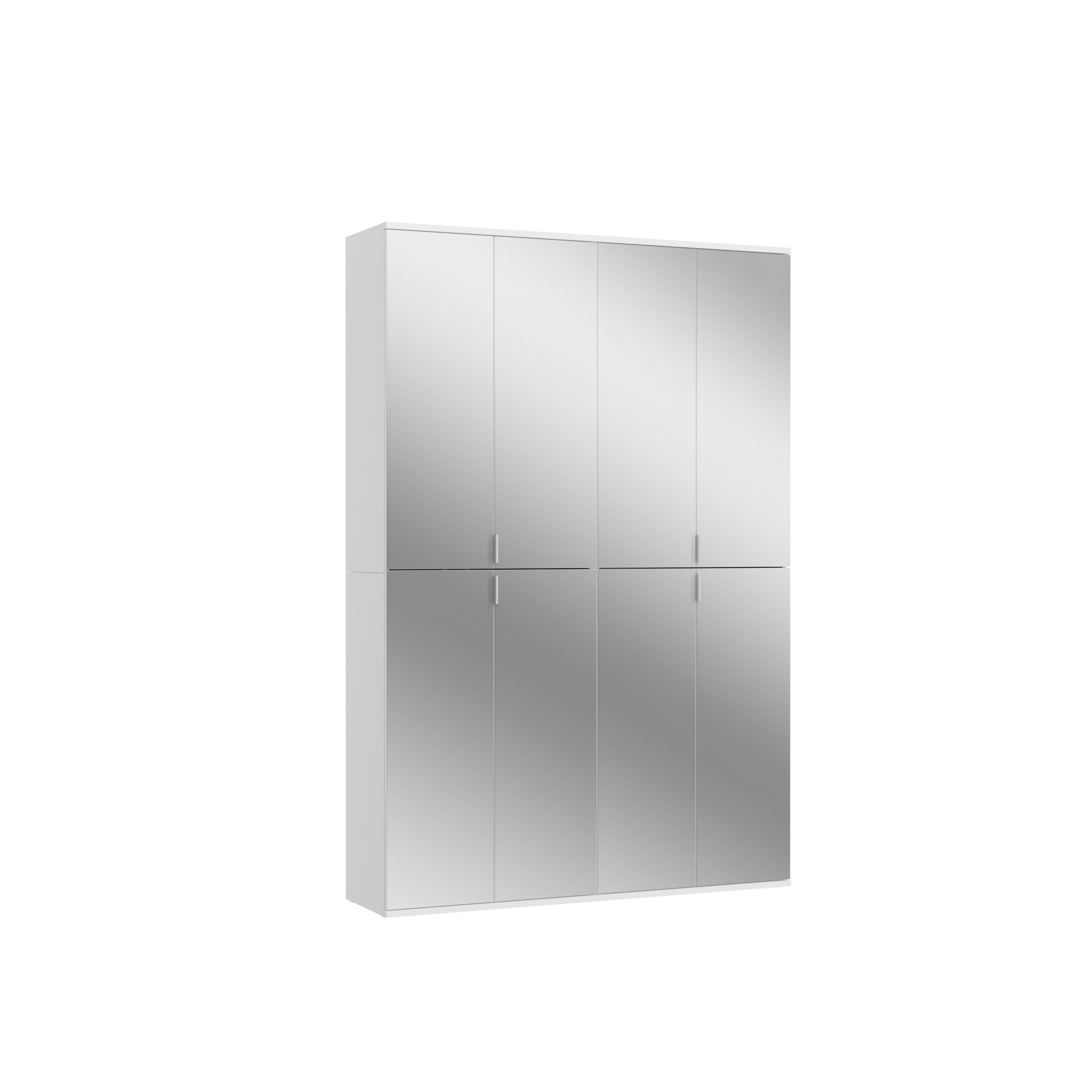 möbelando Garderobenschrank Paterson Eleganter Garderobenschrank aus Spanplatte in Weiß, mit 8 Spiegeltüren, 2 Kleiderstangen und 16 Ablageböden. Breite 130 cm, Höhe 193 cm, Tiefe 34 cm