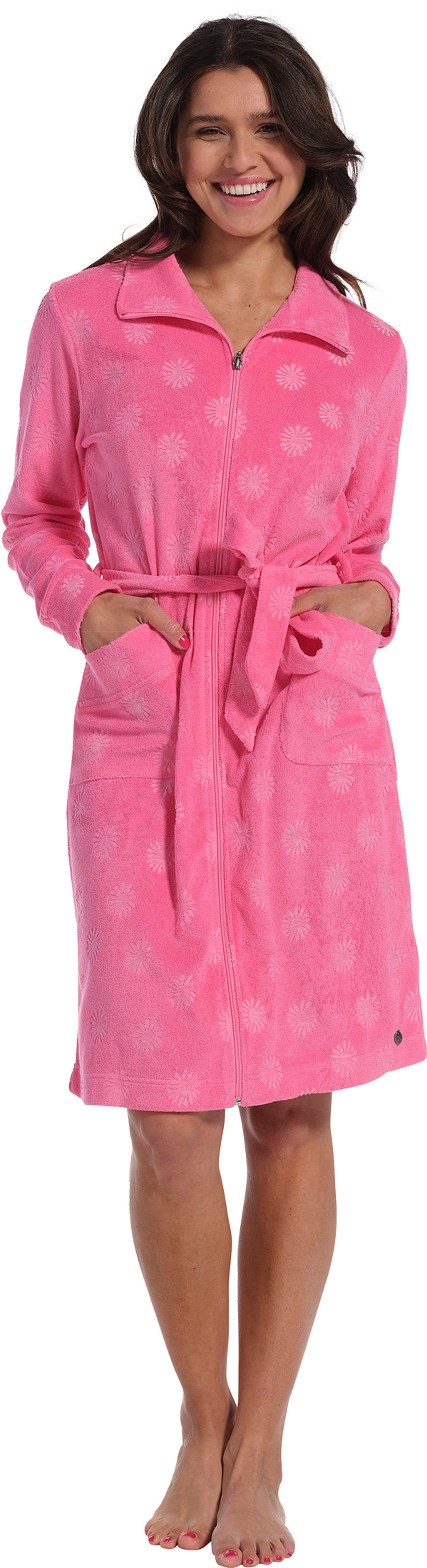 Rebelle Damenbademantel Damen Bademantel mit Reißverschluss, kurz,  Baumwoll-Mischung, Stehkragen, Reißverschluss, Pink mit geprägten Blumen