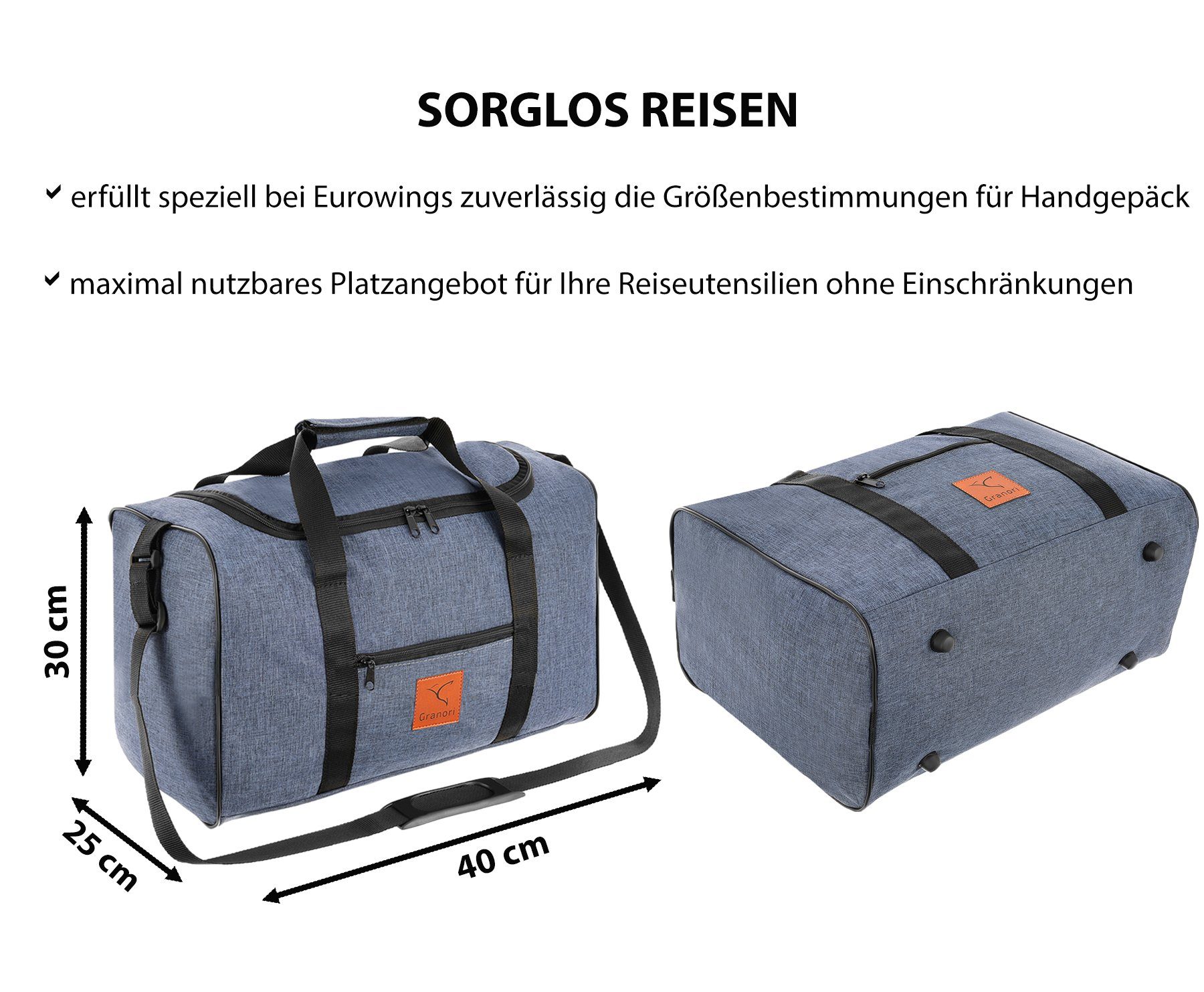 Granori Reisetasche 40x30x25 cm Flugzeug Handgepäck für Eurowings – leicht & max. Platz (Modell ET2), mit abschließbarem Fach und verstellbarem Schultergurt, 30 l Volumen