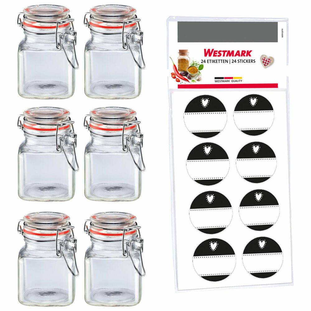 WESTMARK Einmachglas 6 Drahtbügelgläser, 100 ml + 8 Dekoetiketten, Glas, Silikon, Edelstahl, Papier