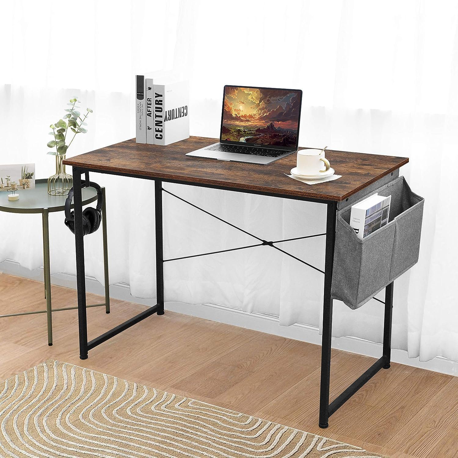 Braun Computertisch Bürotisch Officetisch mit Aufbewahrungstasche, TLGREEN Schreibtisch PC-Tisch