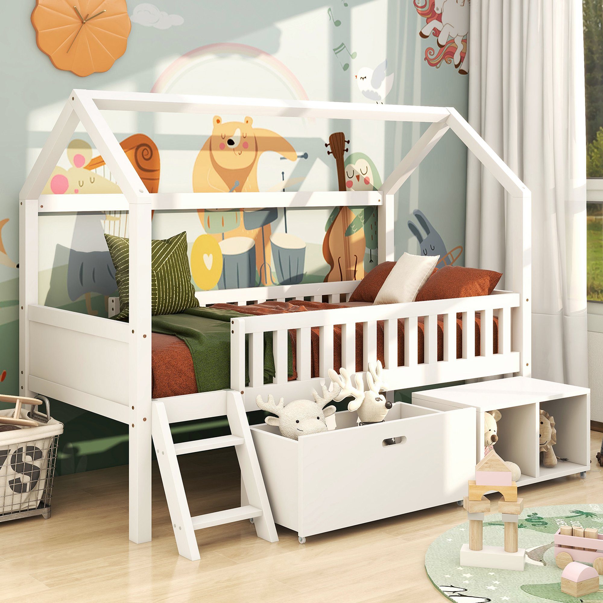 Odikalo Kinderbett Hochbett Hausbett mit Schutzzaun günstig online kaufen
