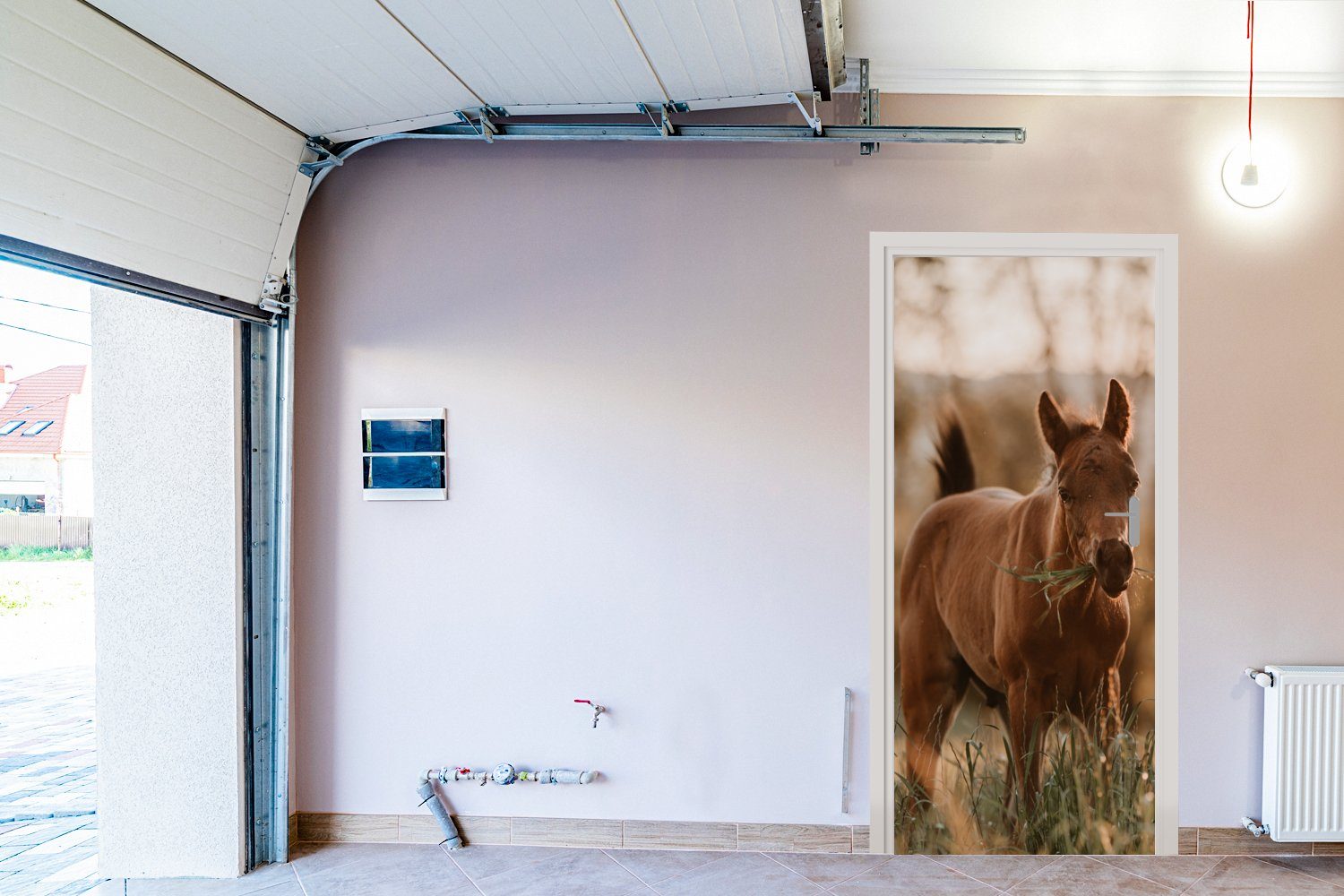 MuchoWow Türtapete Pferd - Sonne Fototapete Matt, für cm Tür, 75x205 - St), (1 Türaufkleber, bedruckt, Gras