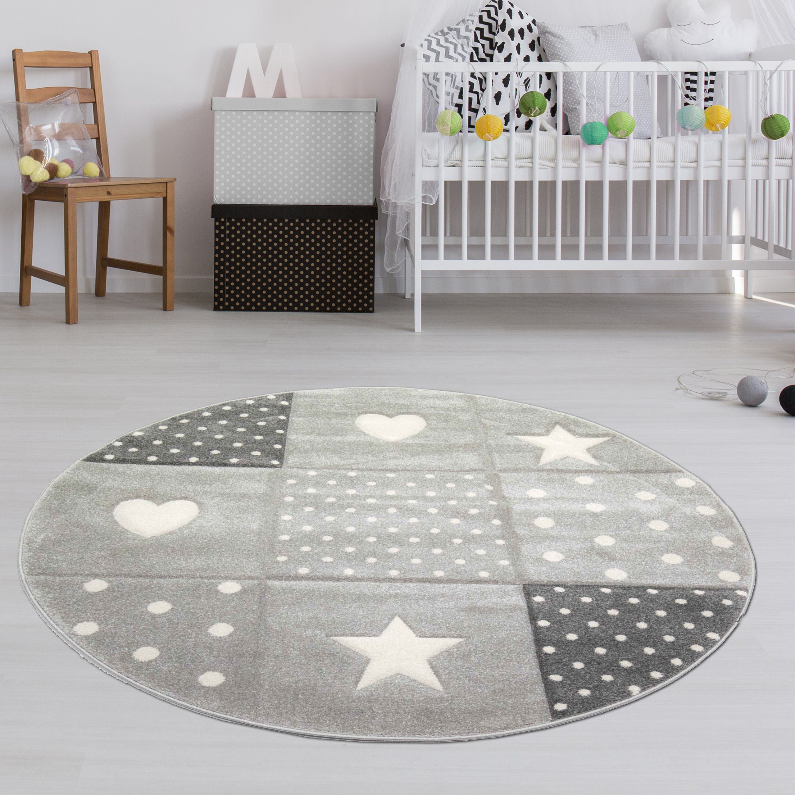 TeppichHome24 Kinderteppich Kinderzimmer Teppich Herz Stern creme schwarz grau, Rund, Höhe: 13 mm
