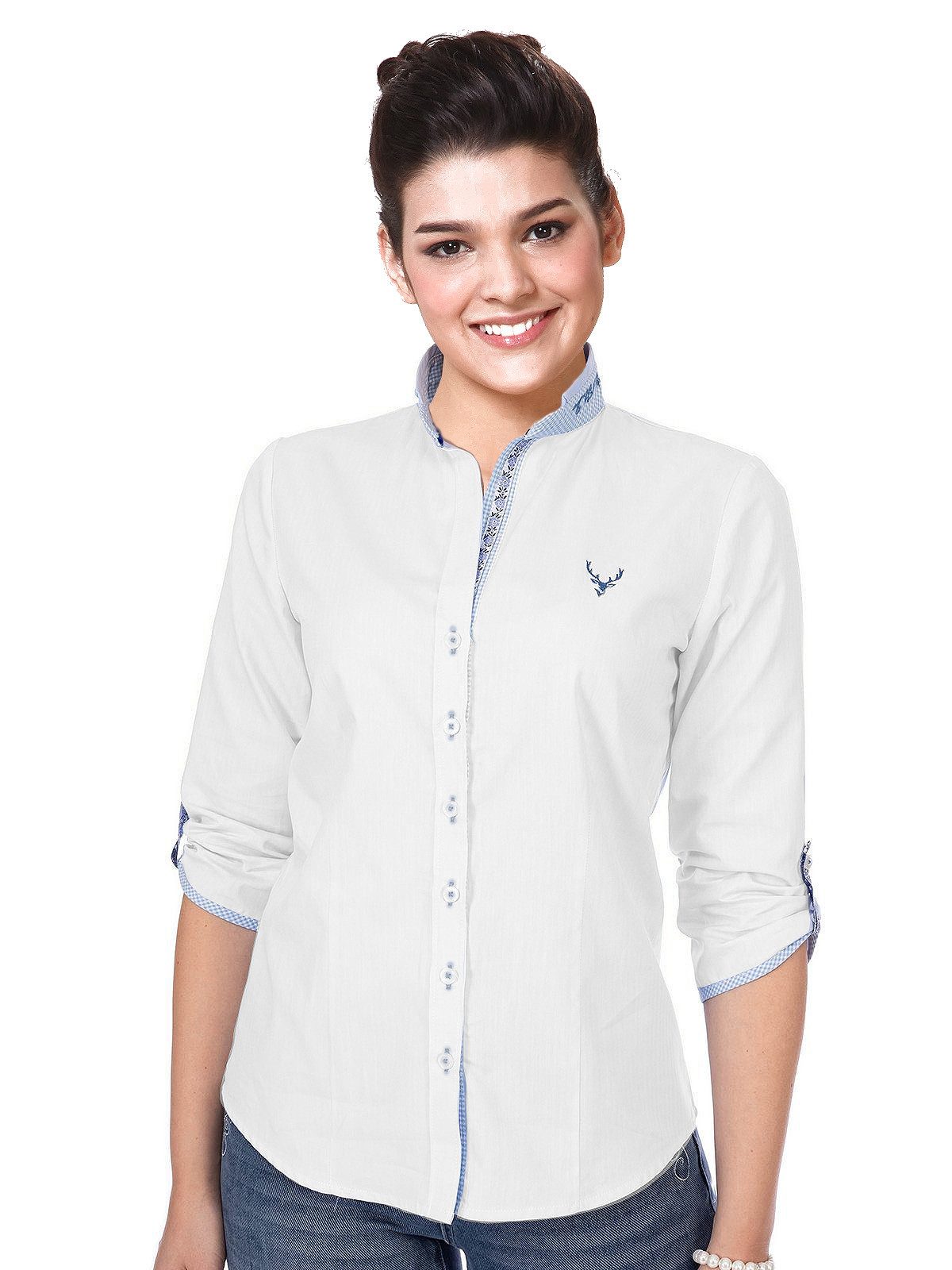 Moschen-Bayern Trachtenbluse Trachtenbluse Damen Bluse Damenbluse 3/4 Arm Hirsch Weiß-Blau Klassische Bluse, Damenbluse, Trachtenbluse, Stickerei, Bluse, Jeansbluse