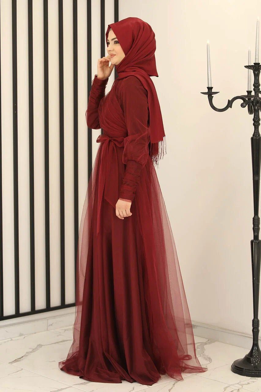 Modavitrini Tüllkleid Langärmliges Maxikleid Damen Muslimisches Abendkleid gefüttert, blickdicht