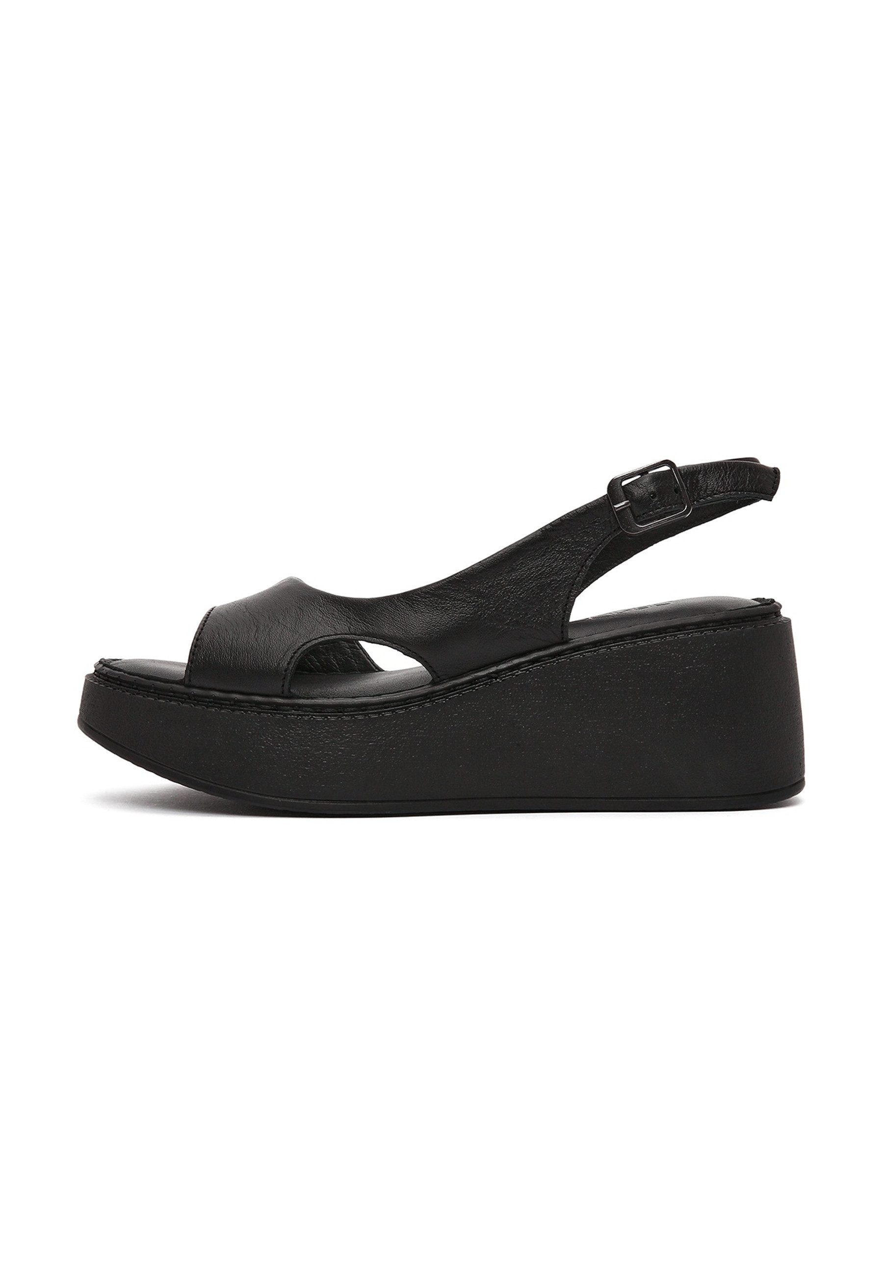 Derimod Keilabsatz-Sandalen aus Leder Sandale Echtes Leder, Lederkomfort, Schnallenverschluss, Plateau-Design
