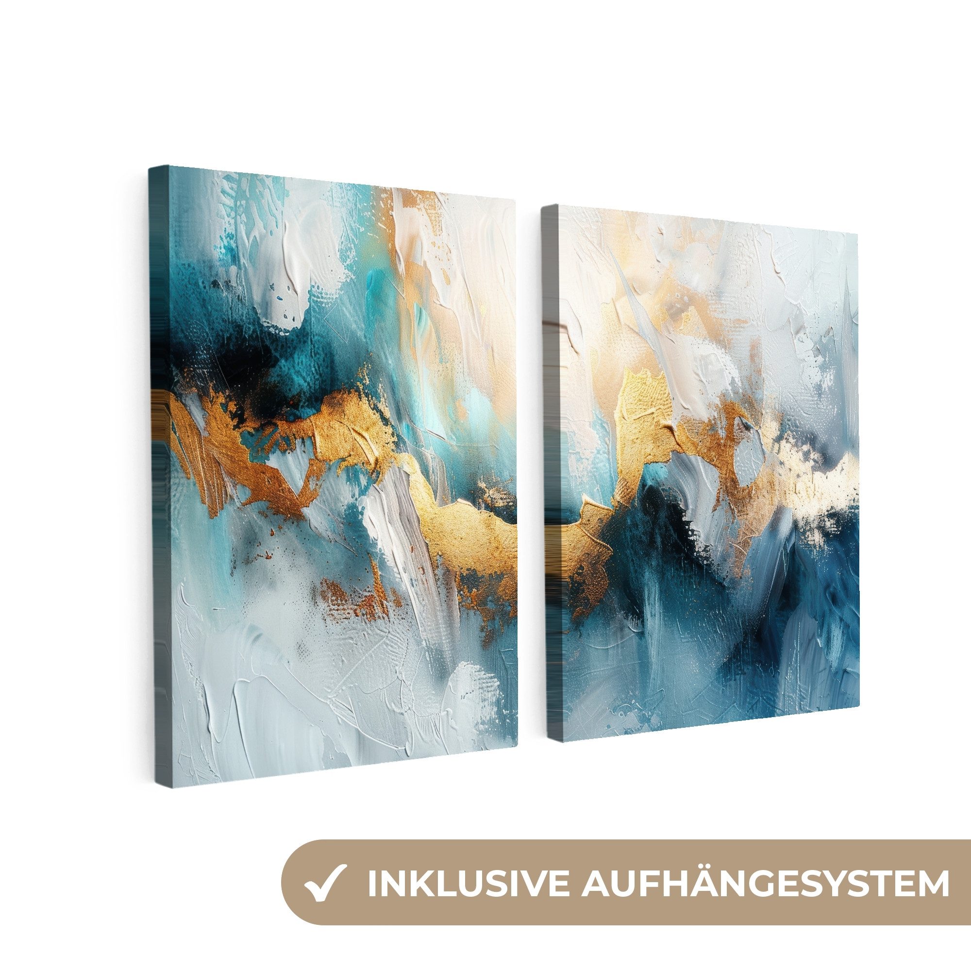 MuchoWow Leinwandbild Blau - Abstrakt - Weiß - Gold - Farbe, Fotodruck (2 S günstig online kaufen