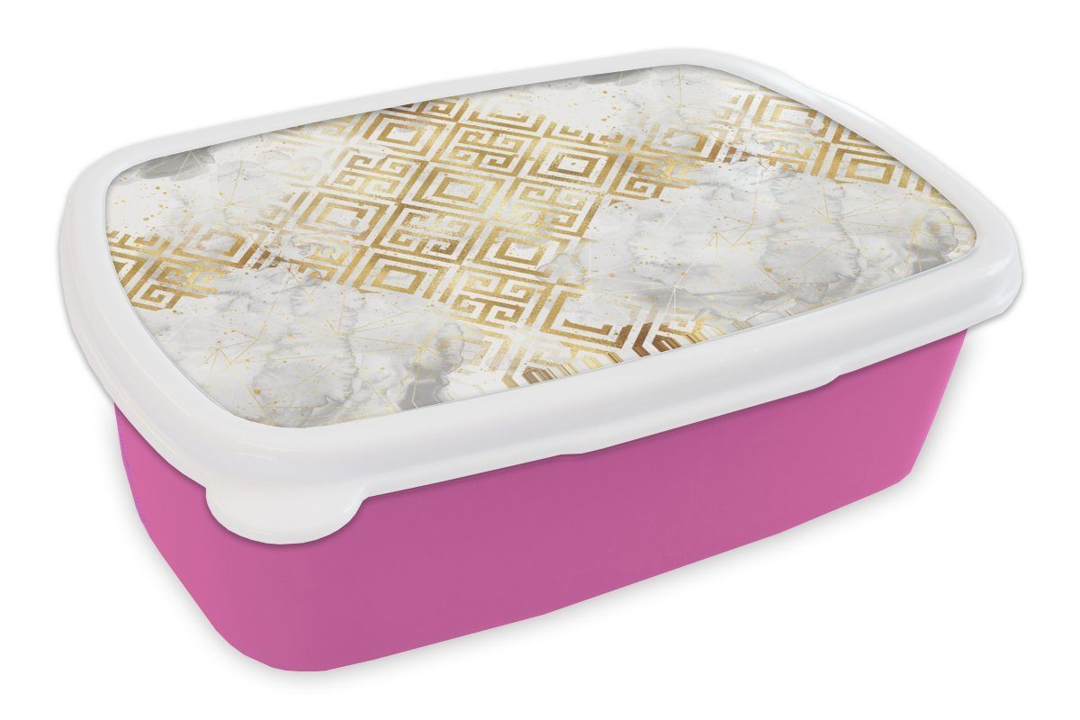 MuchoWow Lunchbox Snackbox, (2-tlg), für Marmor Muster Erwachsene, Geometrie, Brotdose rosa Kunststoff, Kinder, - Brotbox Mädchen, - Kunststoff Gold -